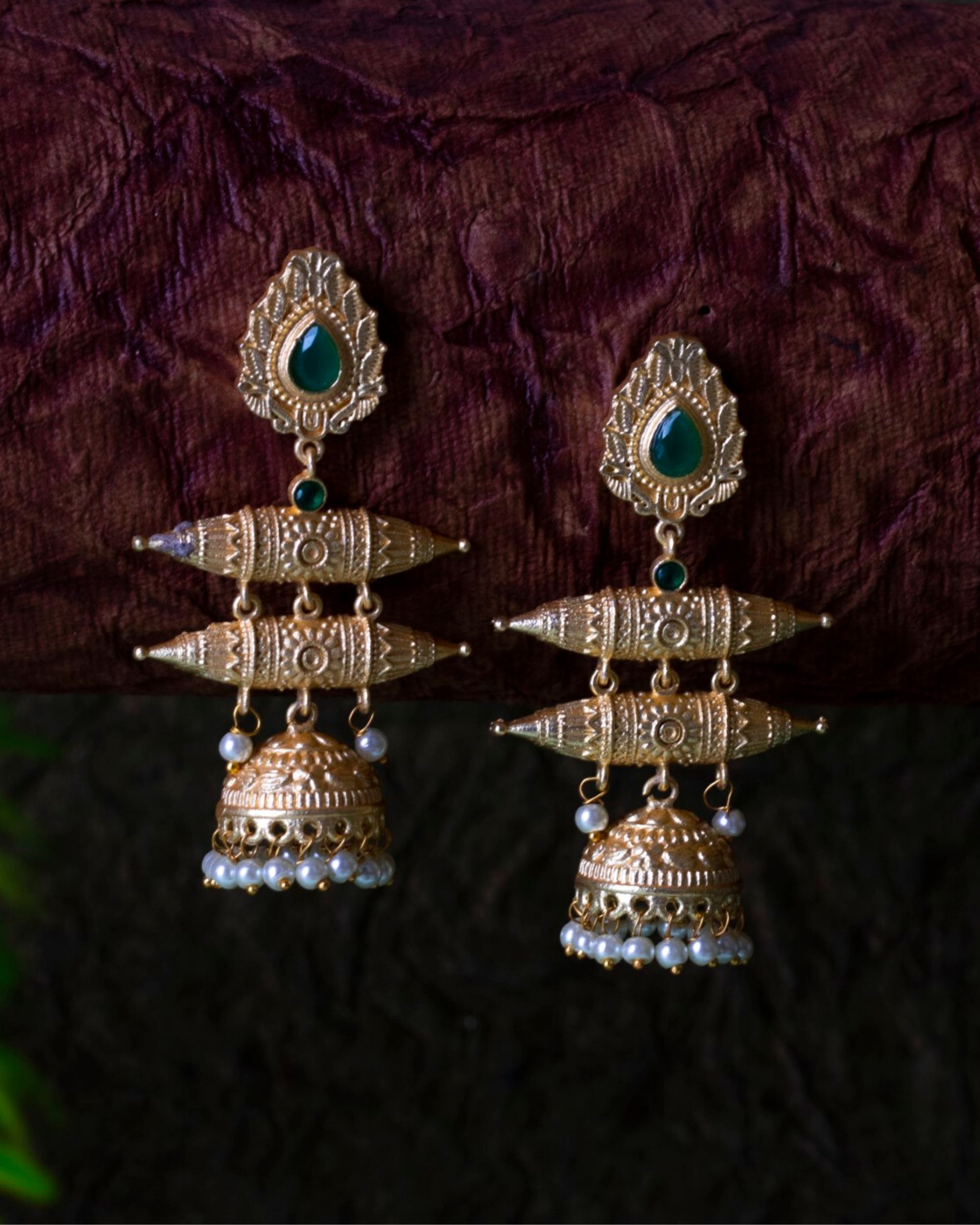 Green stone tiered jhumka with pearl beads by Studio B 40 The Secret Label