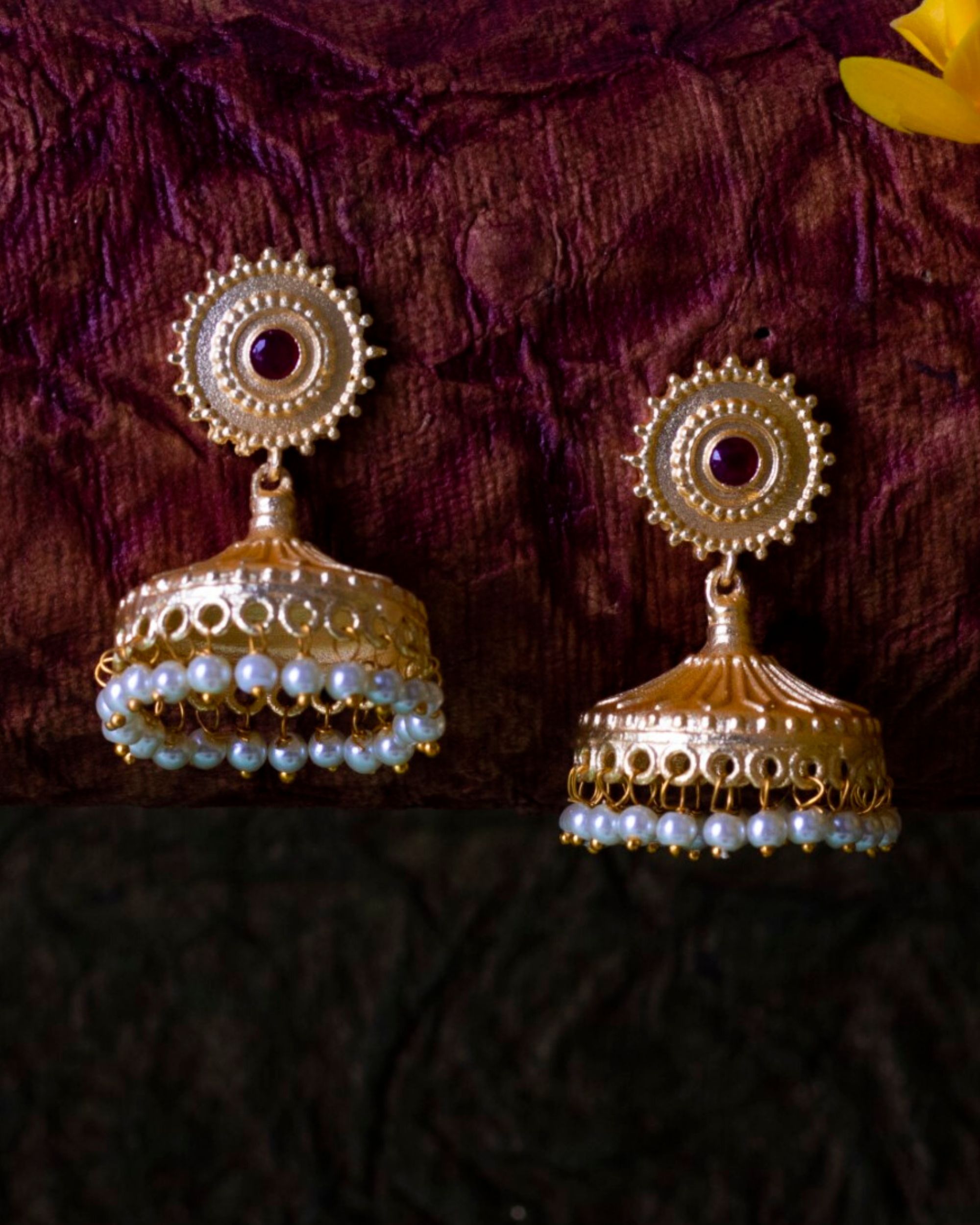 Red stone and pearl beaded jhumka