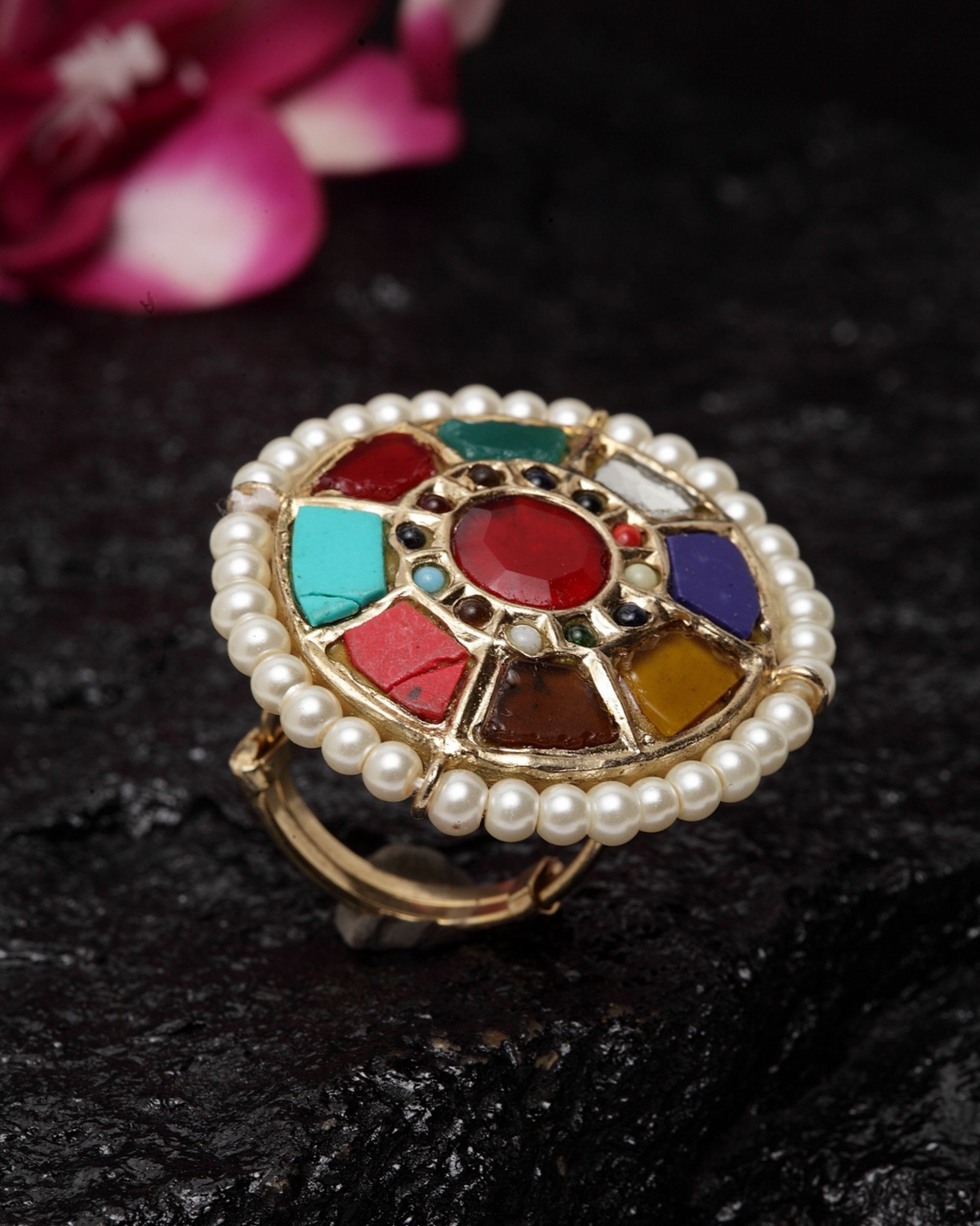 Navrattan pearl beaded ring by Dugri Style | The Secret Label