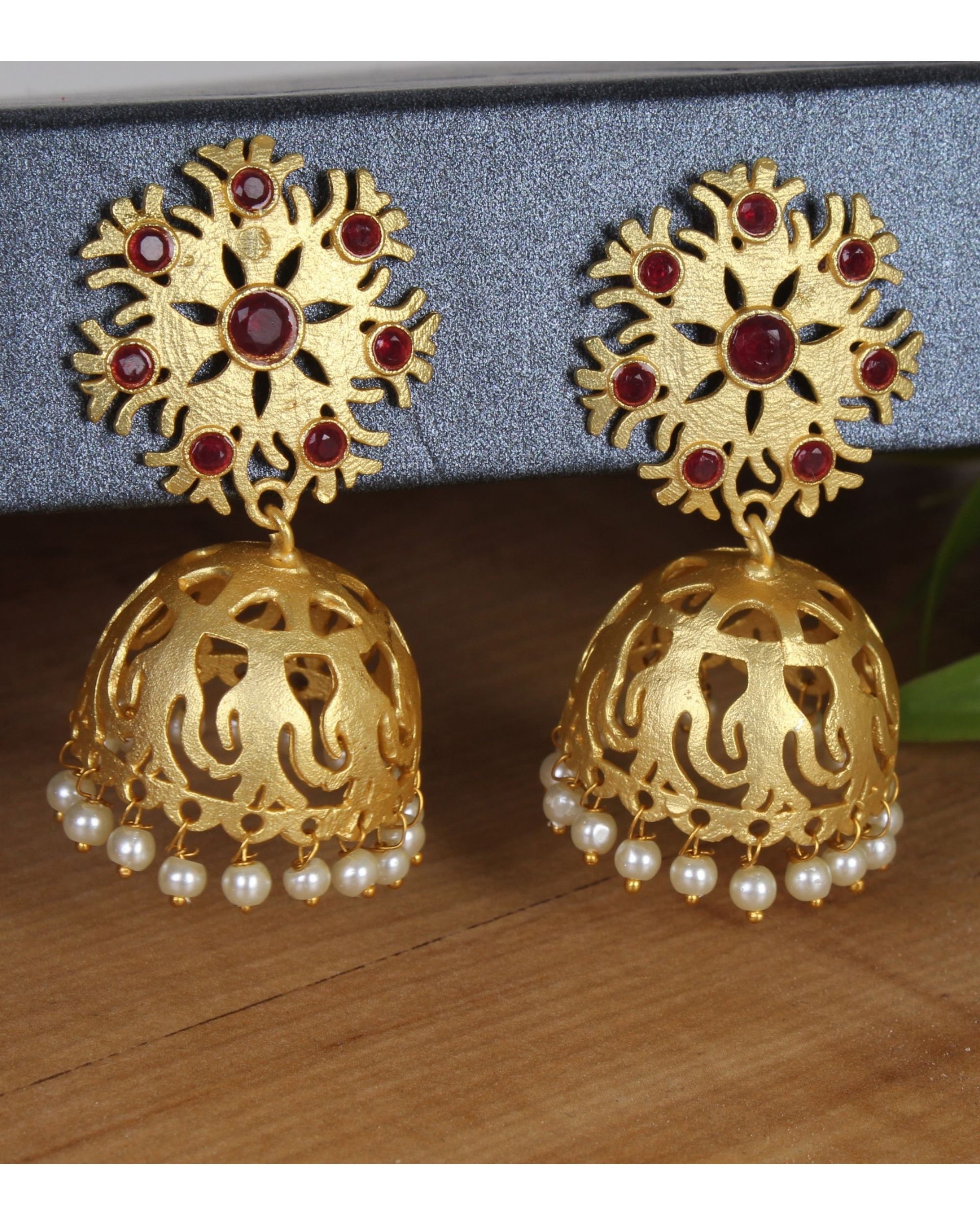Red stone floral pearl jhumka