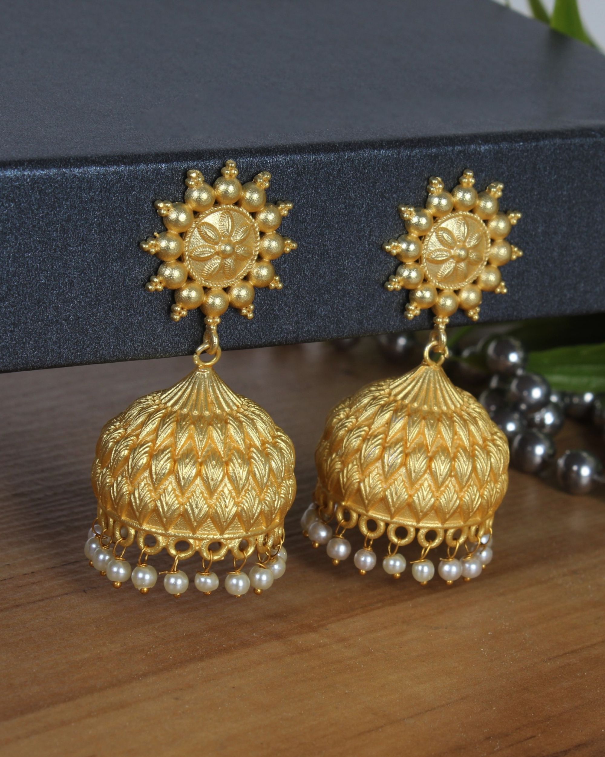 Handcrafted chakra jhumkas with pearl beads