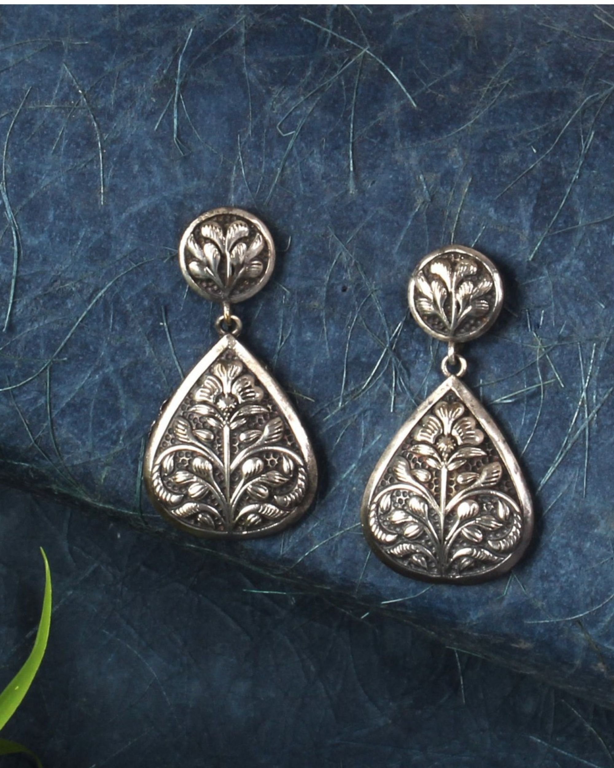 Drop Shaped Floral Engraved Earring By Studio B 40 | The Secret Label