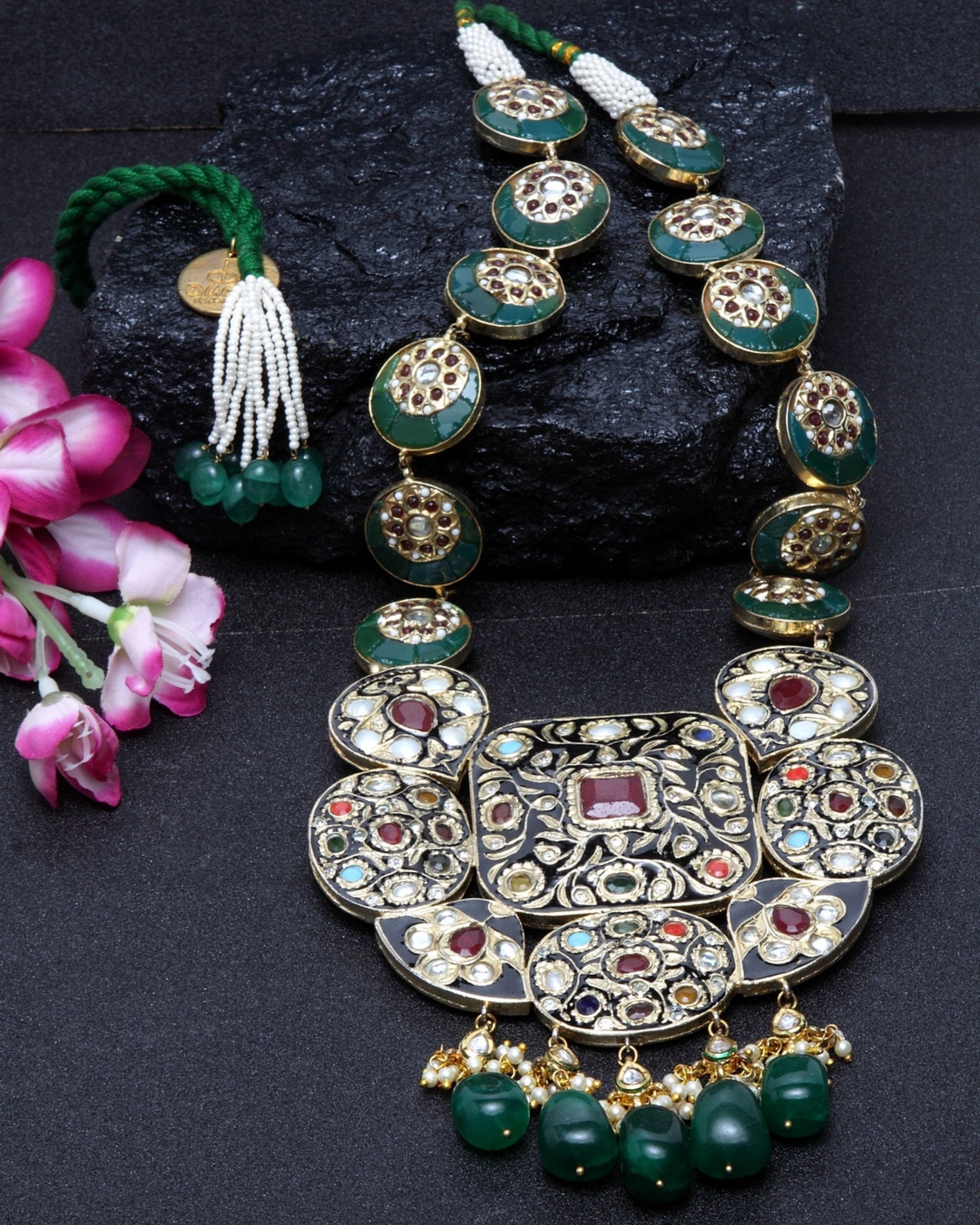Emerald tikdas meenakari neckpiece