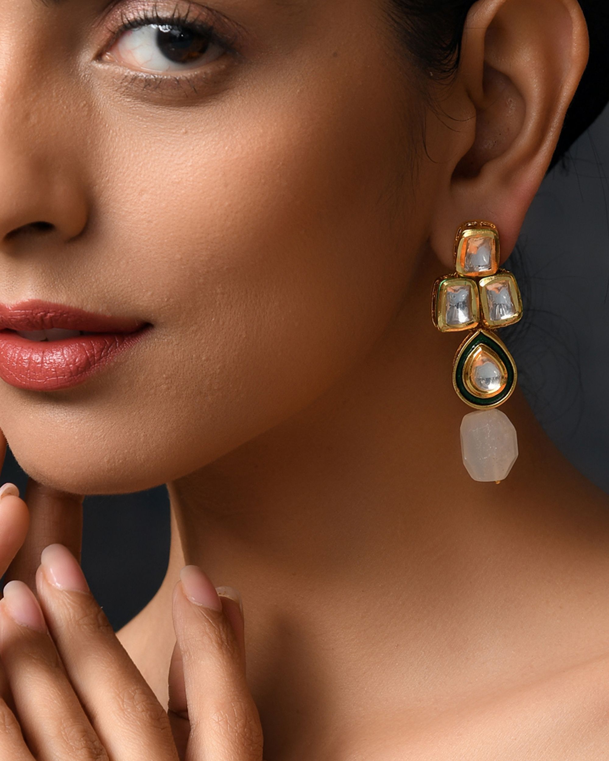 Green kundan and stone drop earring