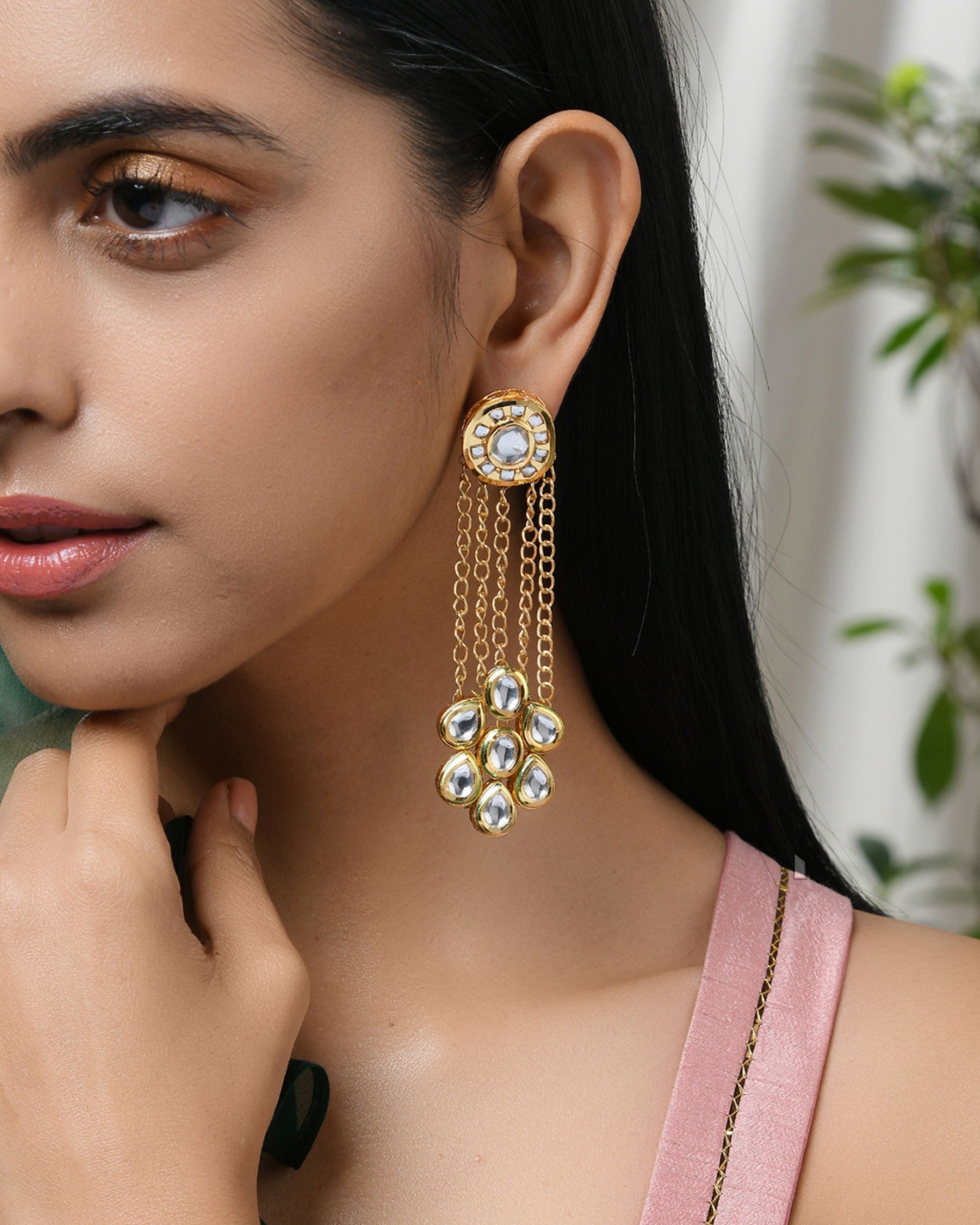 Floral motif chain earring with kundan embellishments