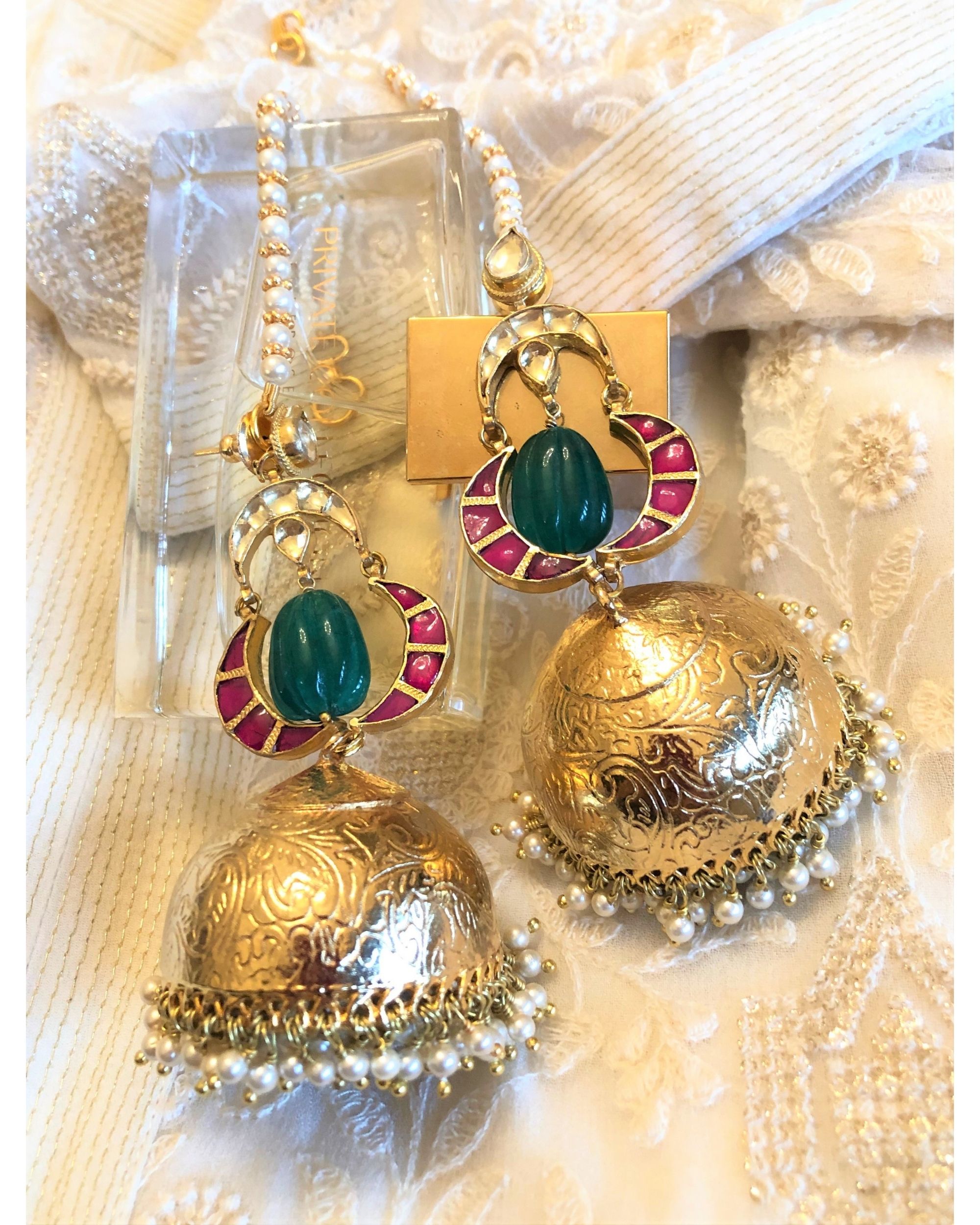 Tridhani green stone jhumka by Heer House Of Jewellery The Secret Label