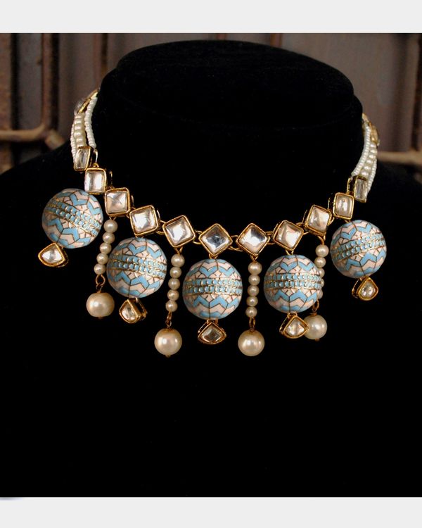 Turquoise blue enamel neckpiece with pearls and beads with earrings - set of two