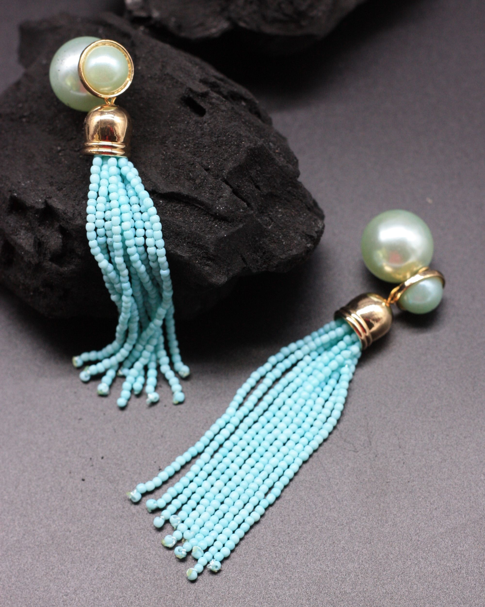 Blue pearl beaded fringe earrings by Chic Mela | The Secret Label