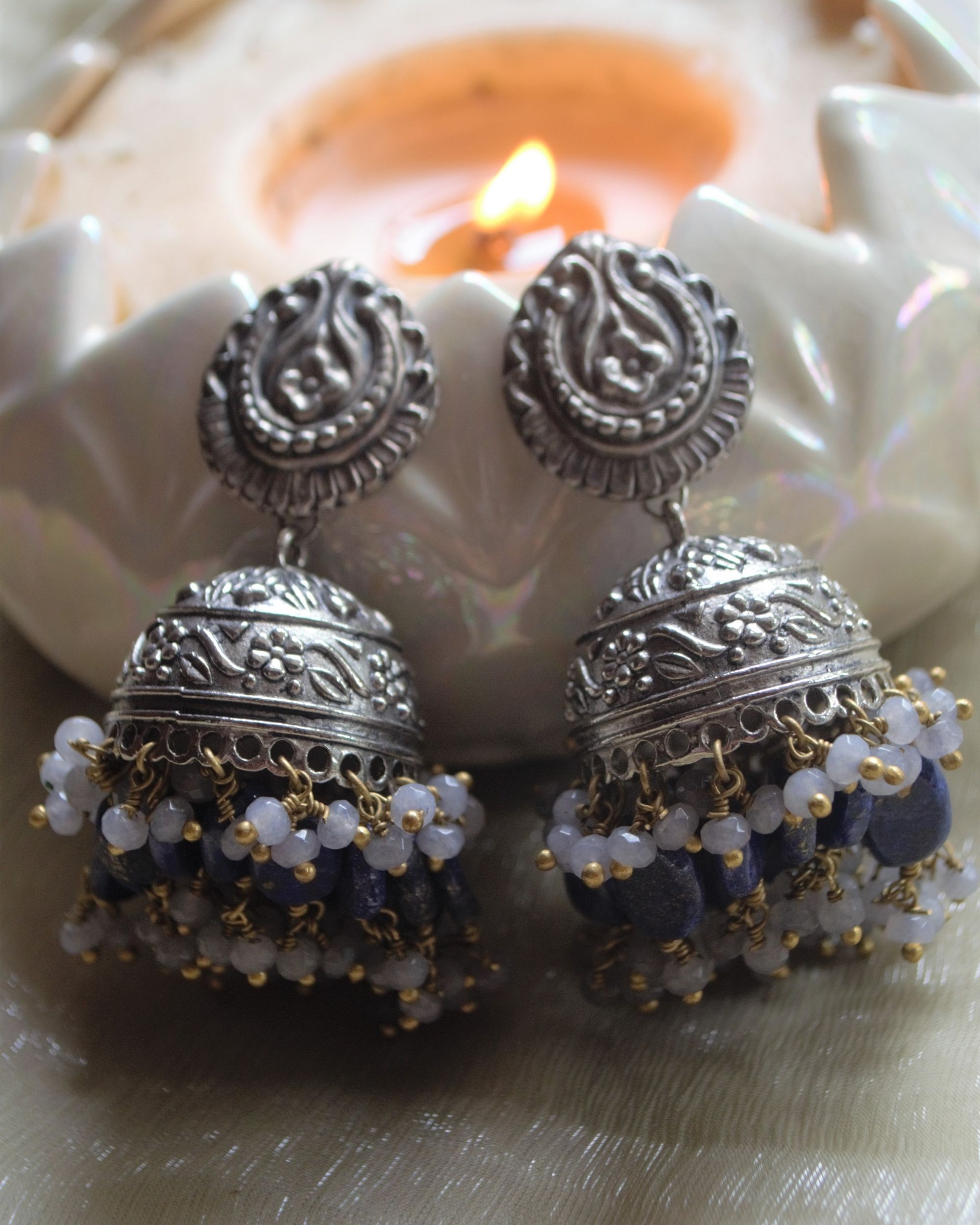 Lilac and blue beaded and engraved jhumka