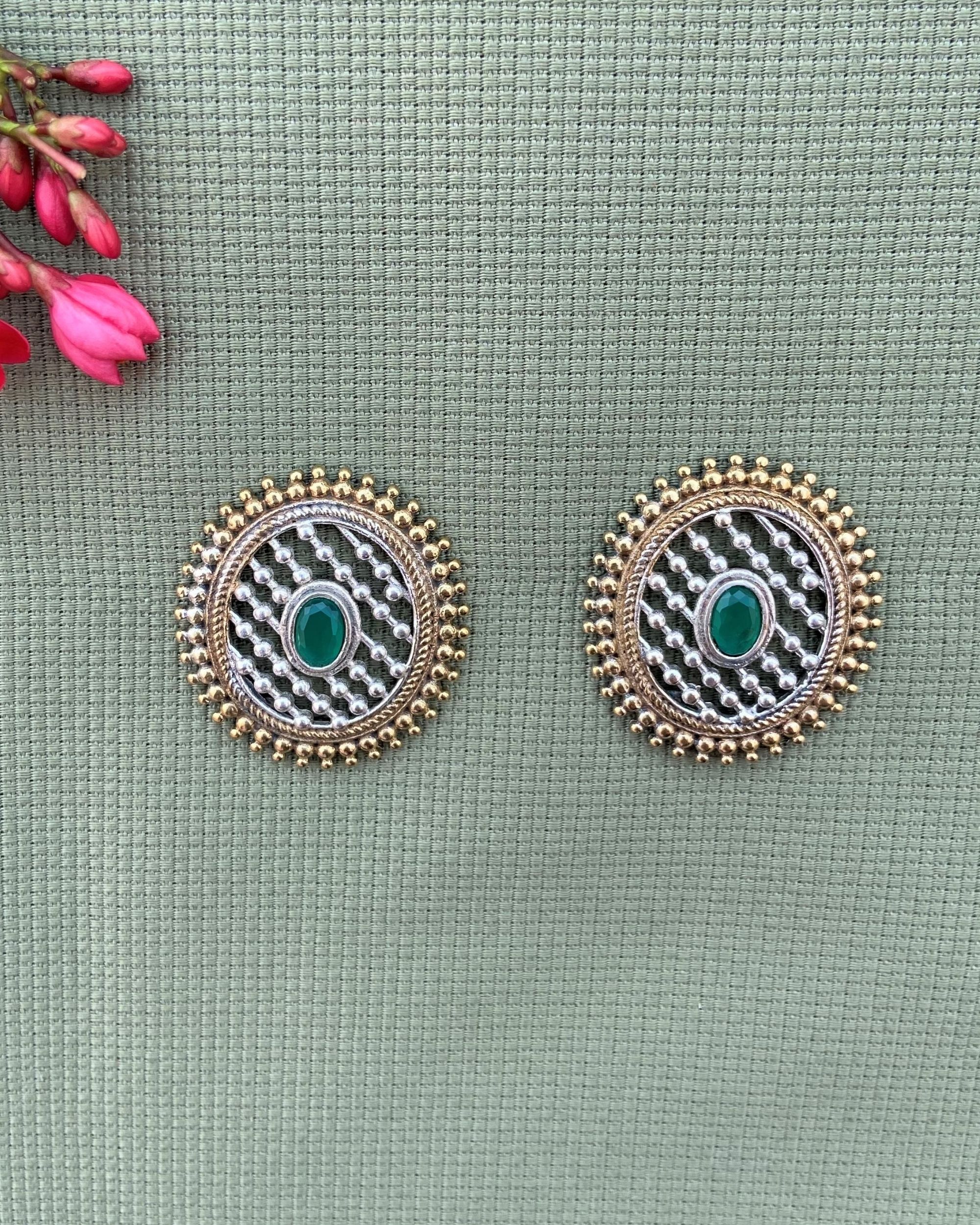 Green stone embellished round earring