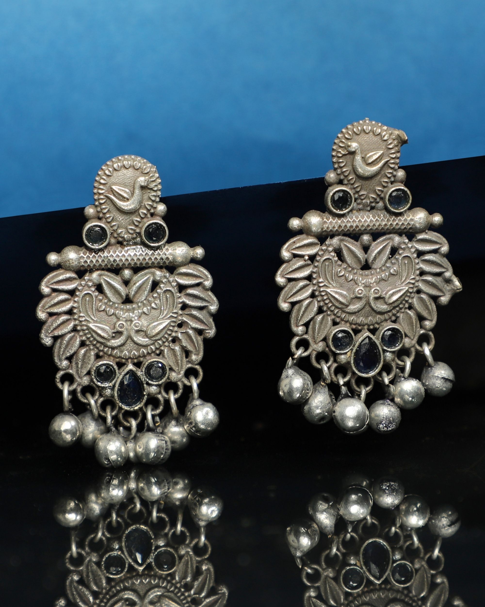 Blue stone peacock beaded earrings