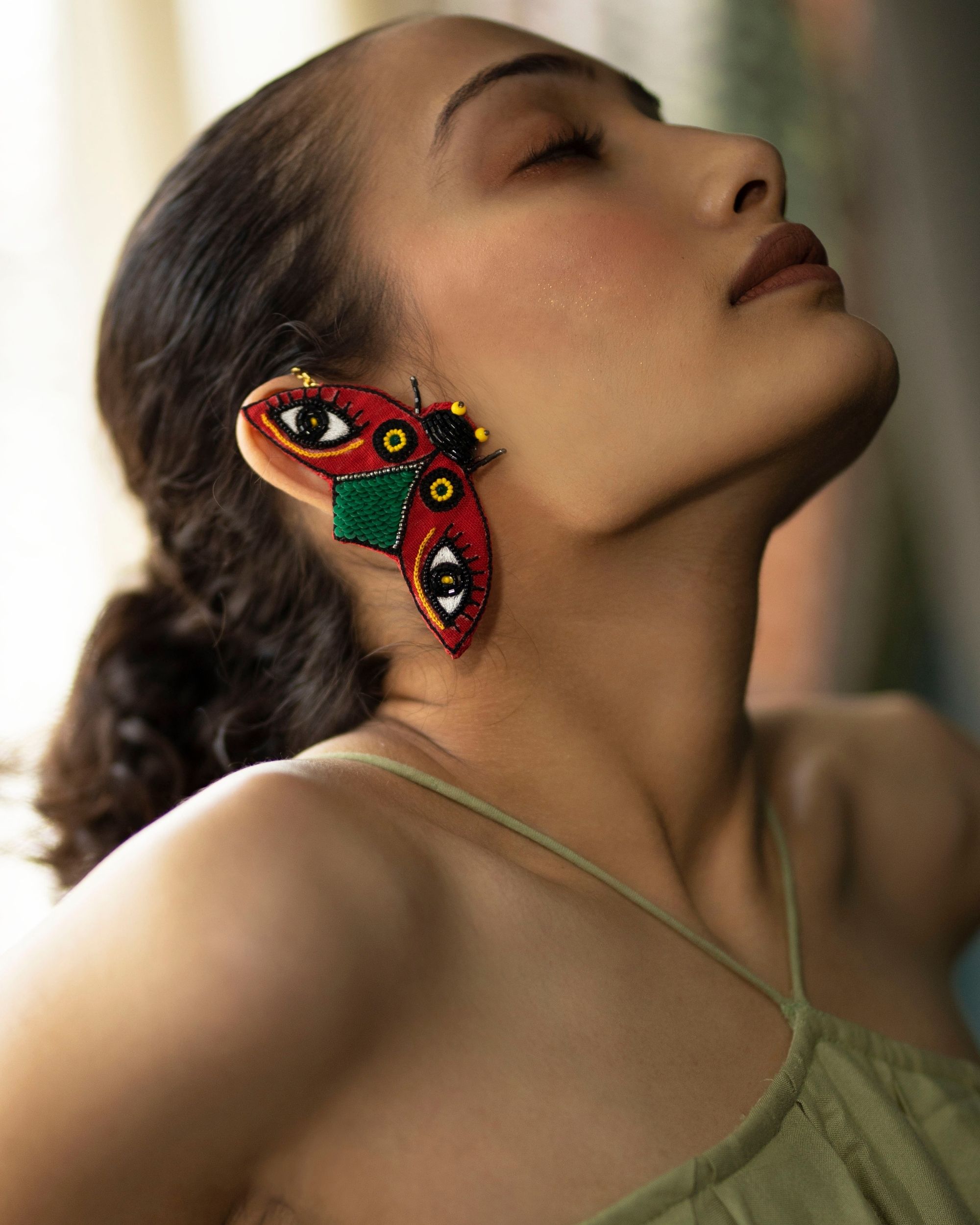 Red lady bug embroidered ear cuff