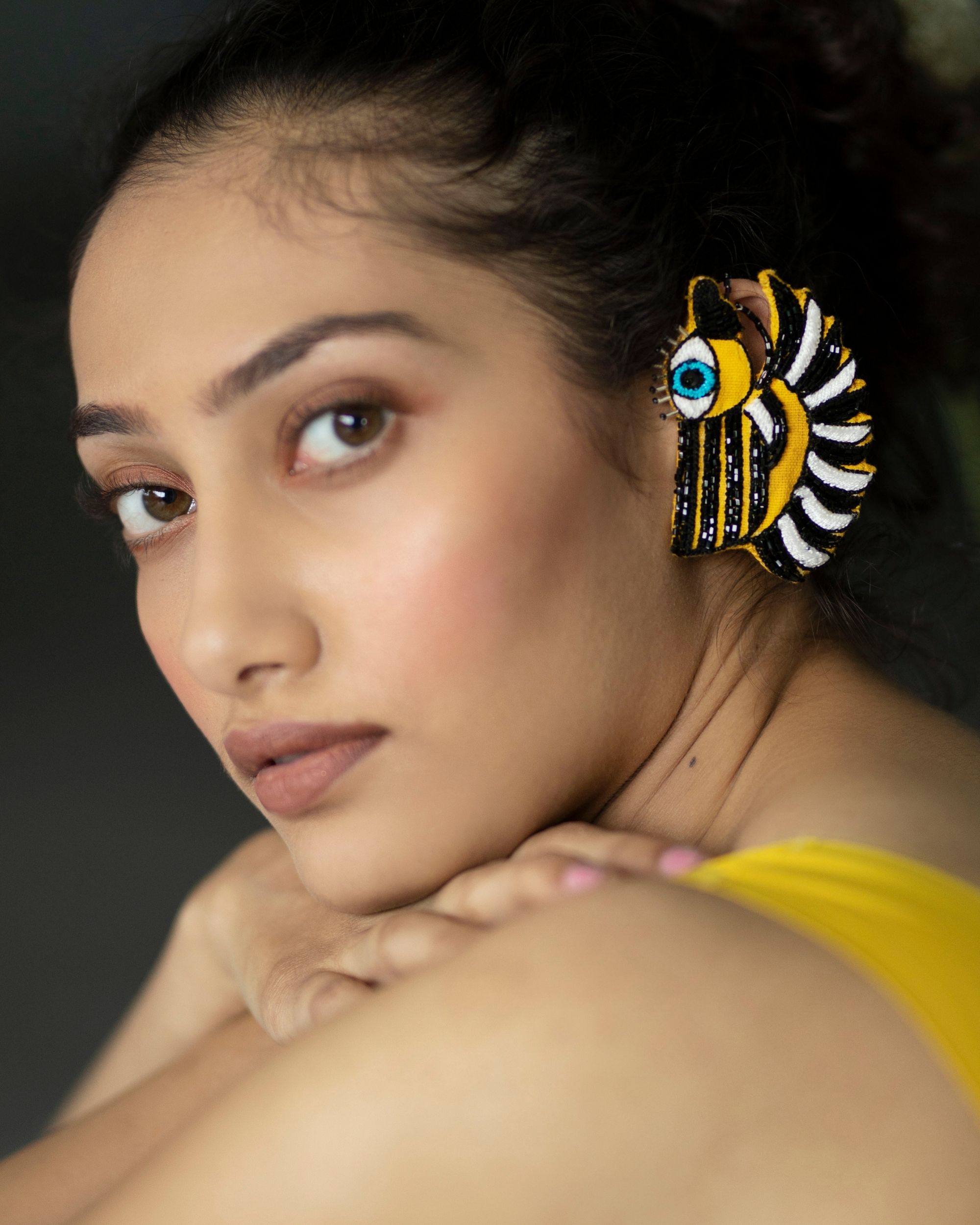 Yellow bug embroidered ear cuff
