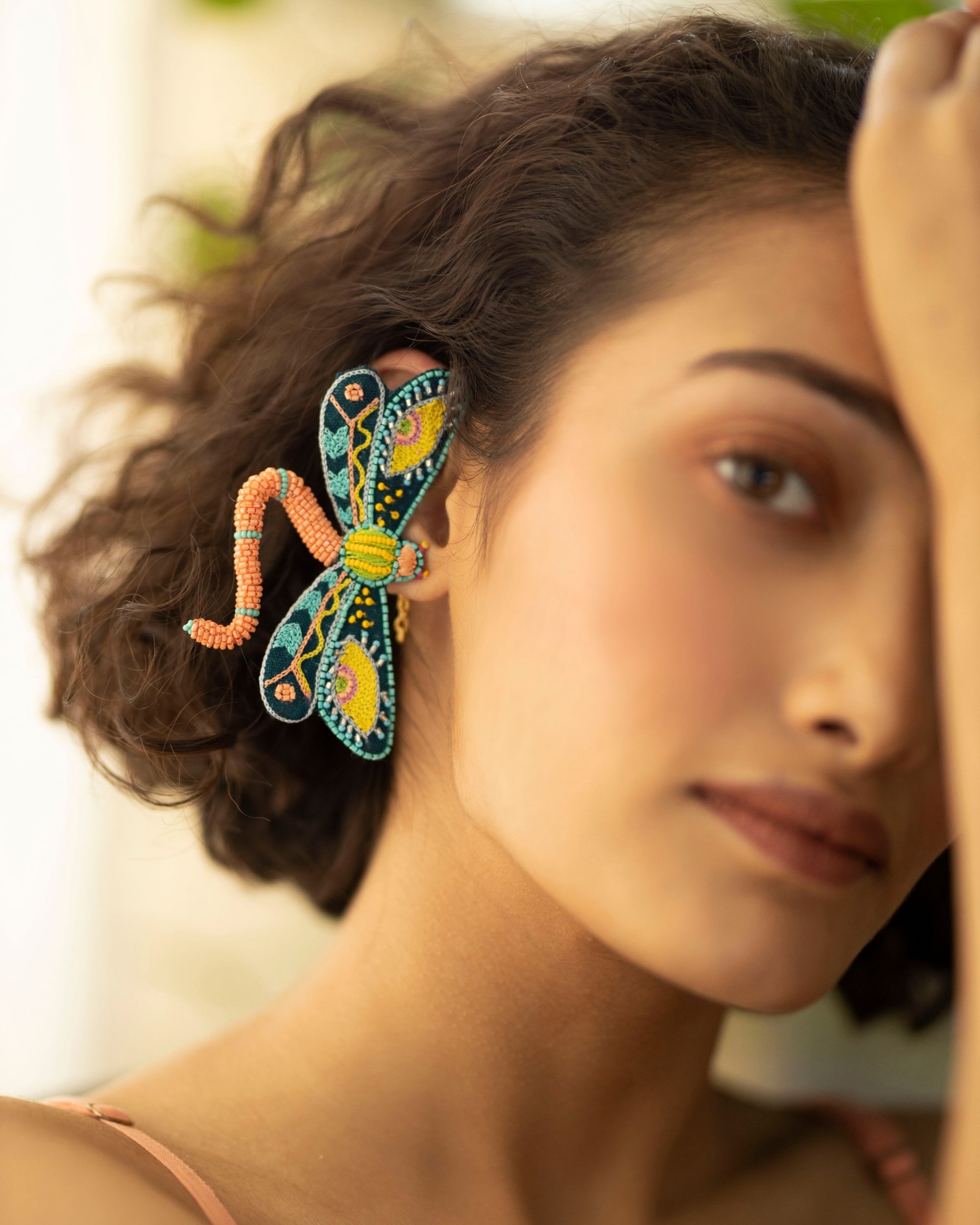 Turquoise dragon fly embroidered ear cuff
