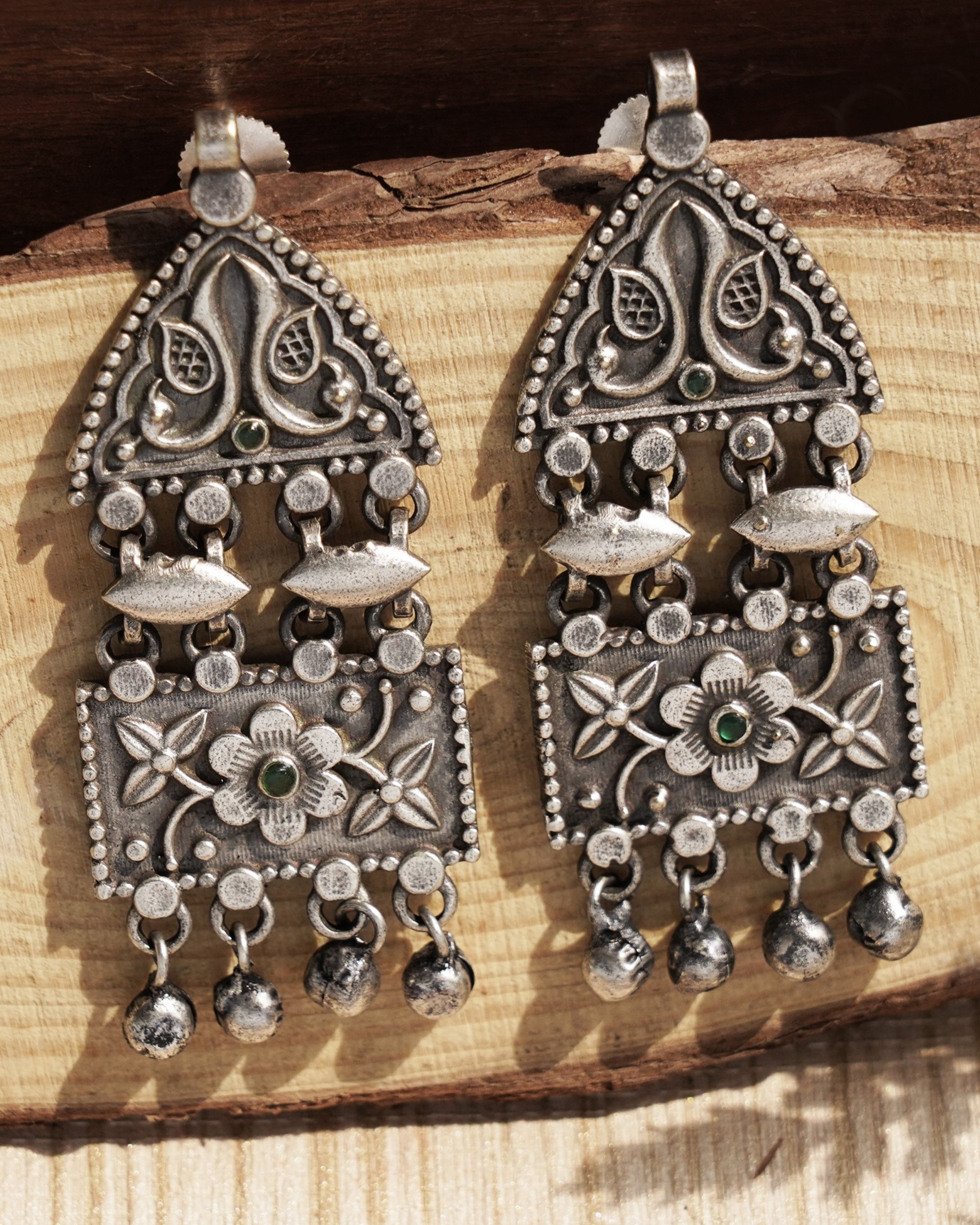 Geometric peacock beaded brass earrings