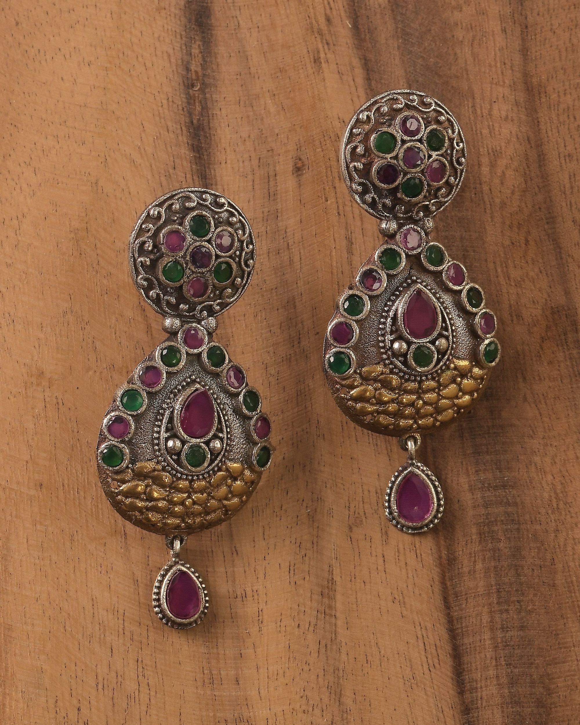 Dual toned antique stone drop earring