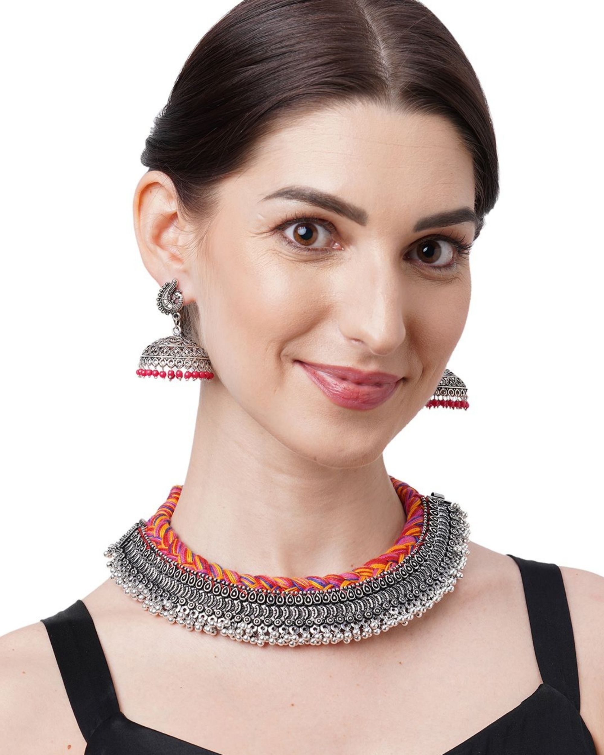 Multi colour Tasselled choker and earring - set of two