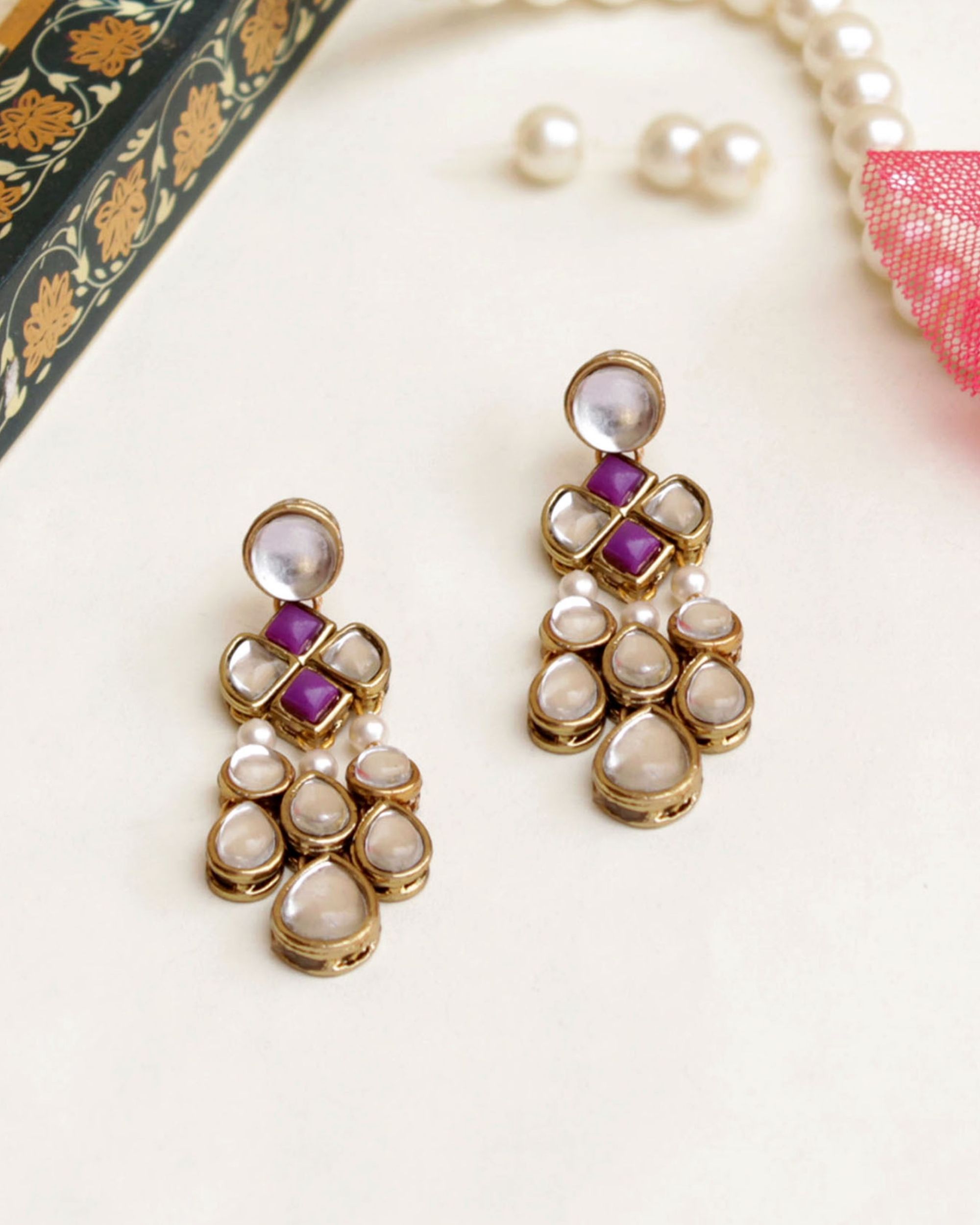 Purple kundan drop earrings
