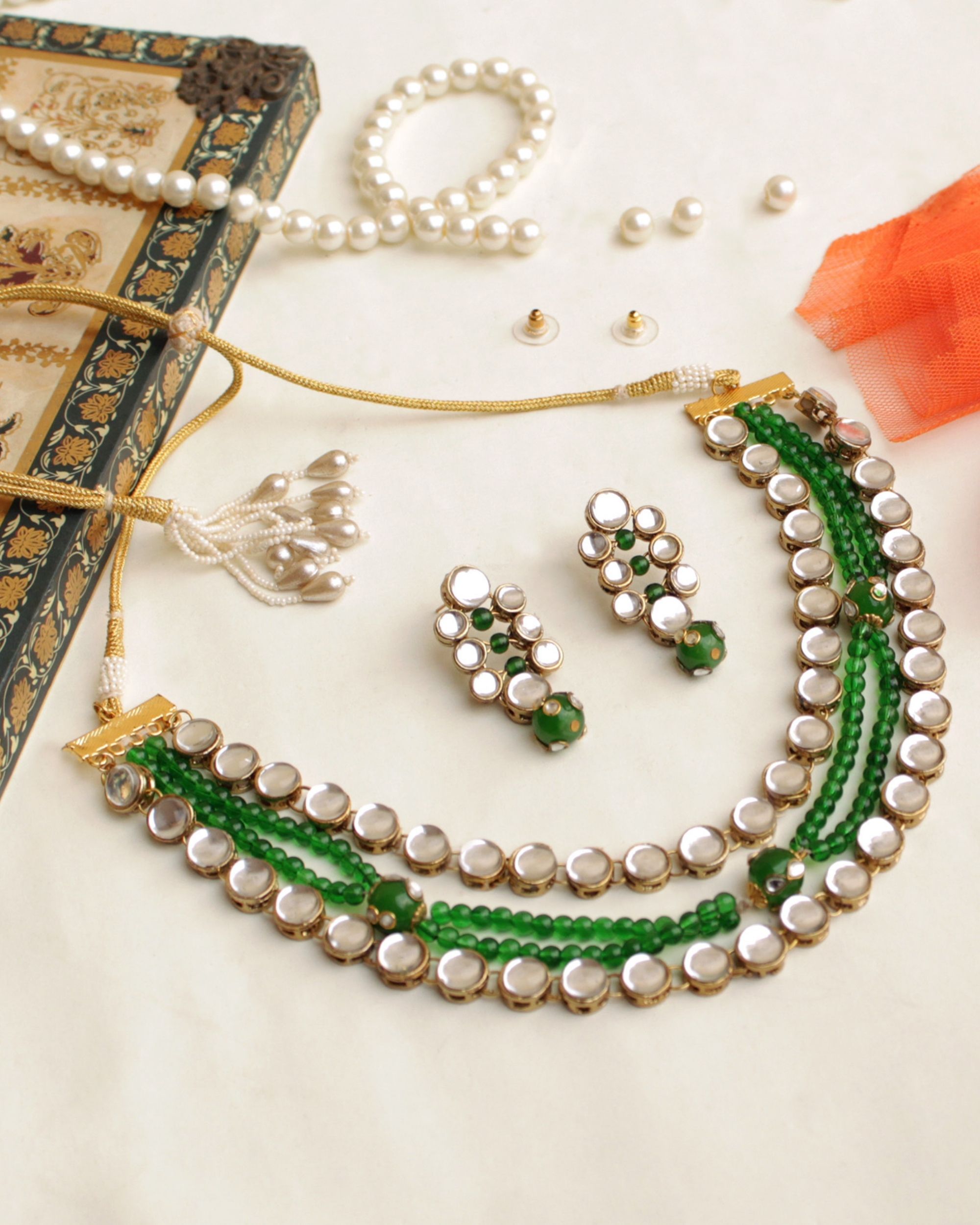 Green beaded kundan layered neckpiece with earrings - set of two