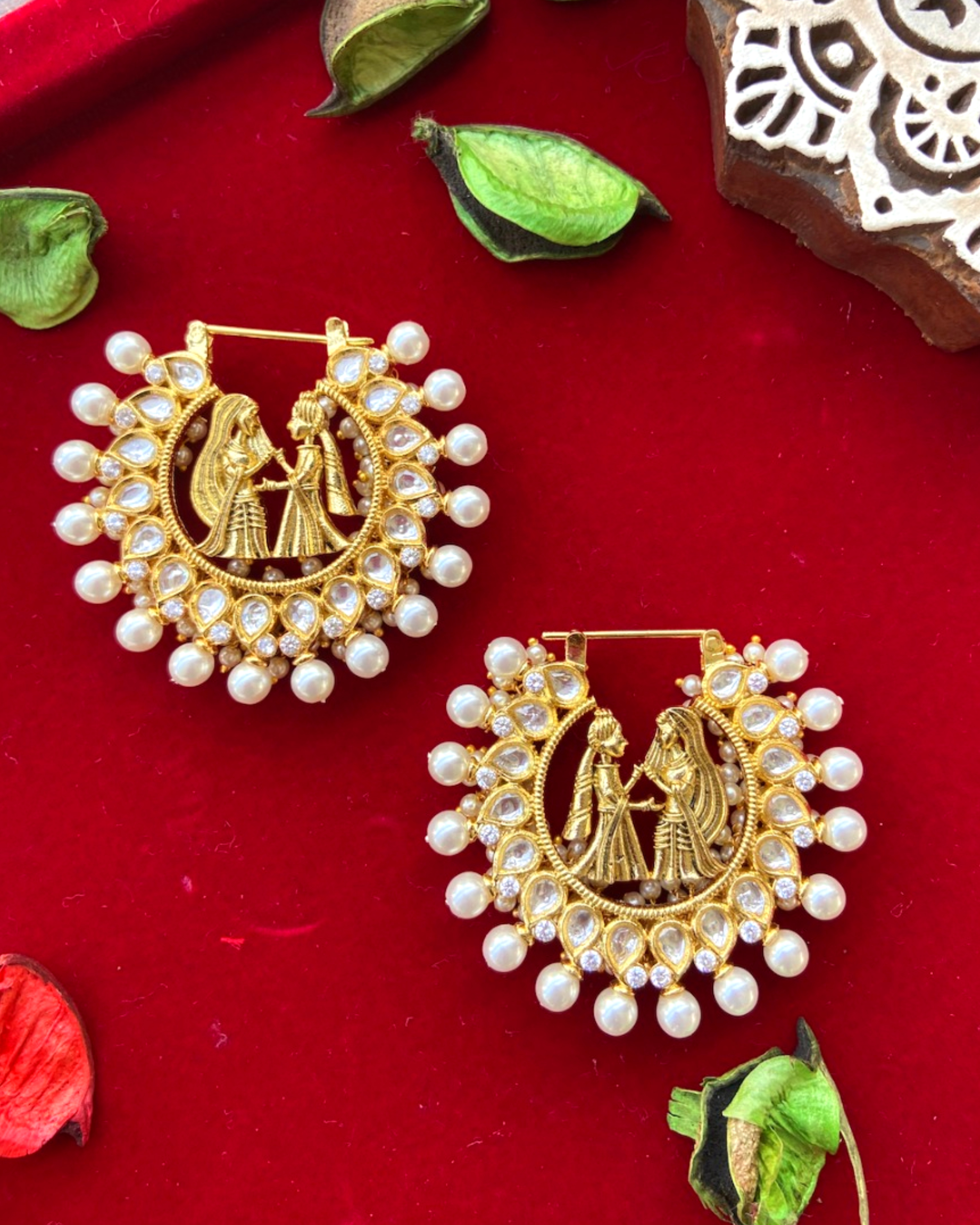 Hand crafted kundan and pearl beaded hoop earrings