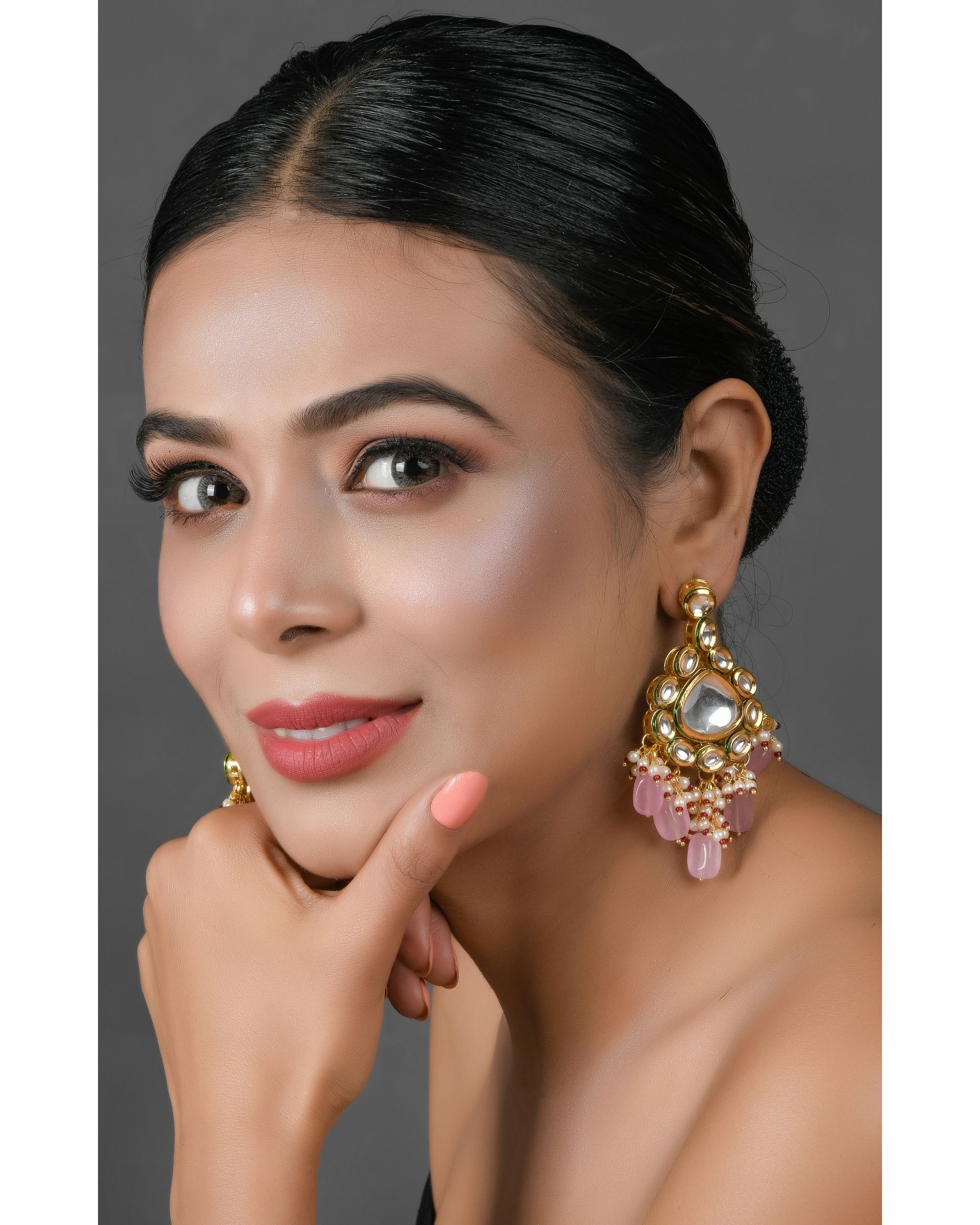 Pink beaded kundan drop earrings by Sellori The Secret Label