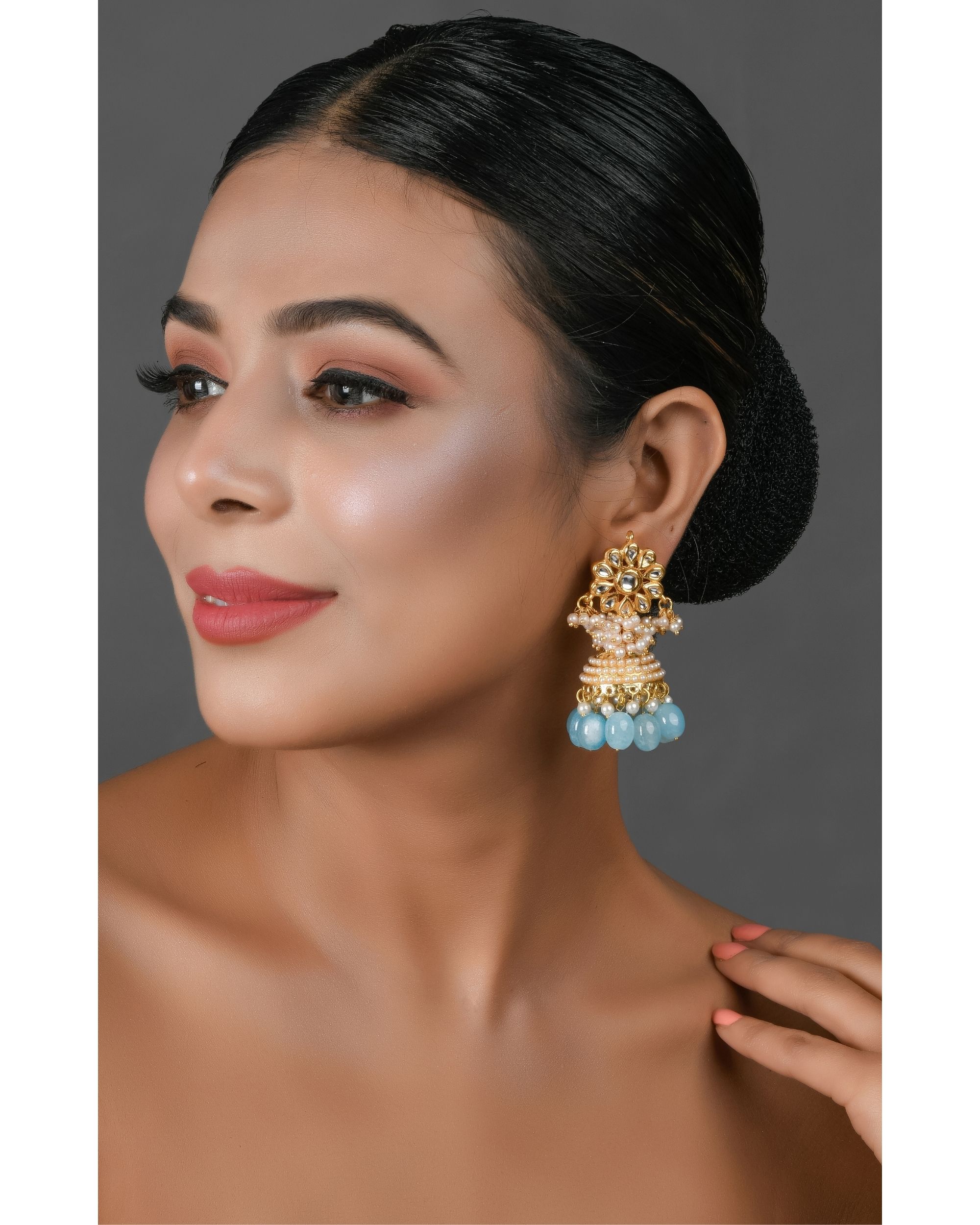 Blue pearl beaded kundan jhumka by Sellori The Secret Label