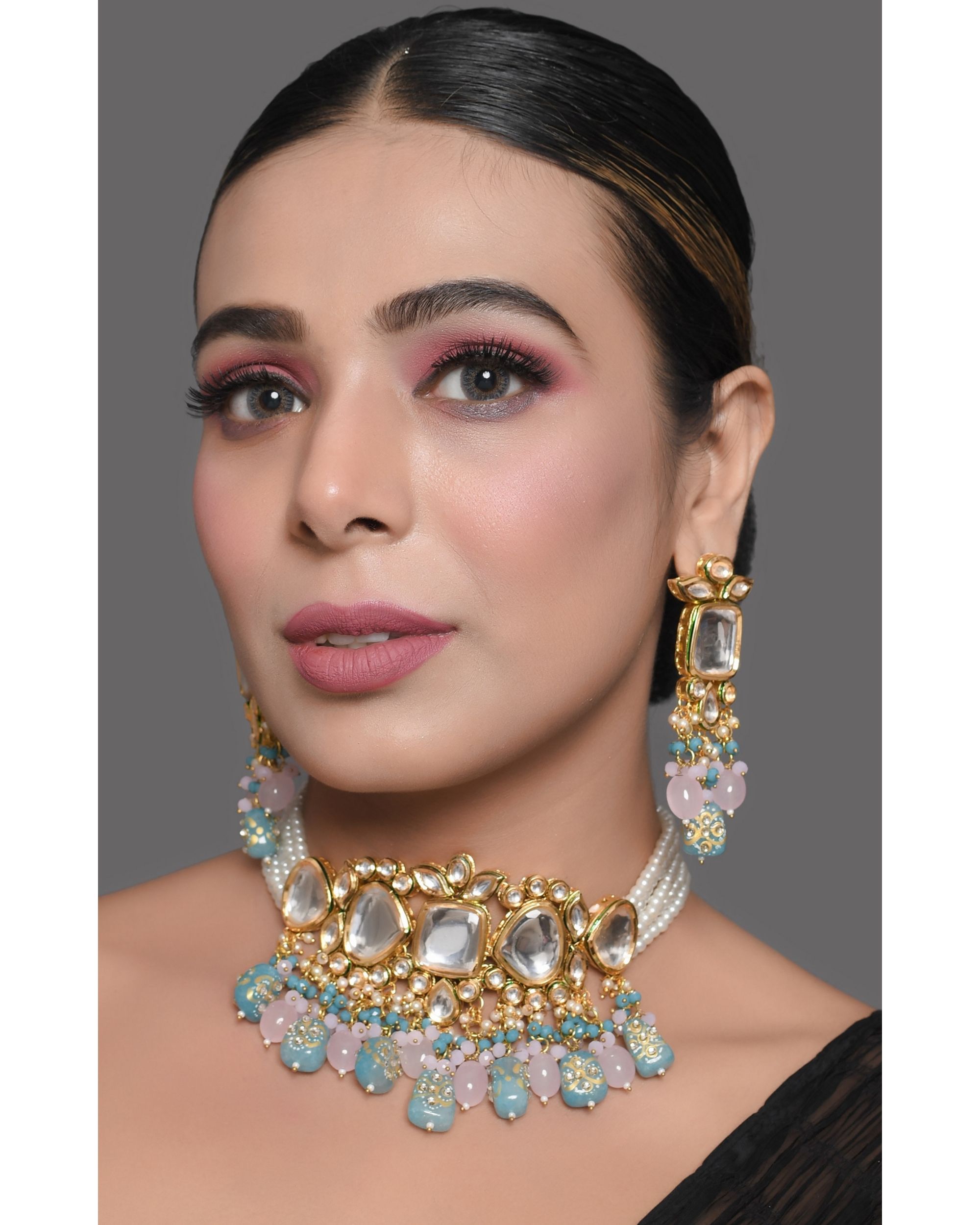 Pastel blue and pink tanjore beaded neckpiece with earrings - set of two
