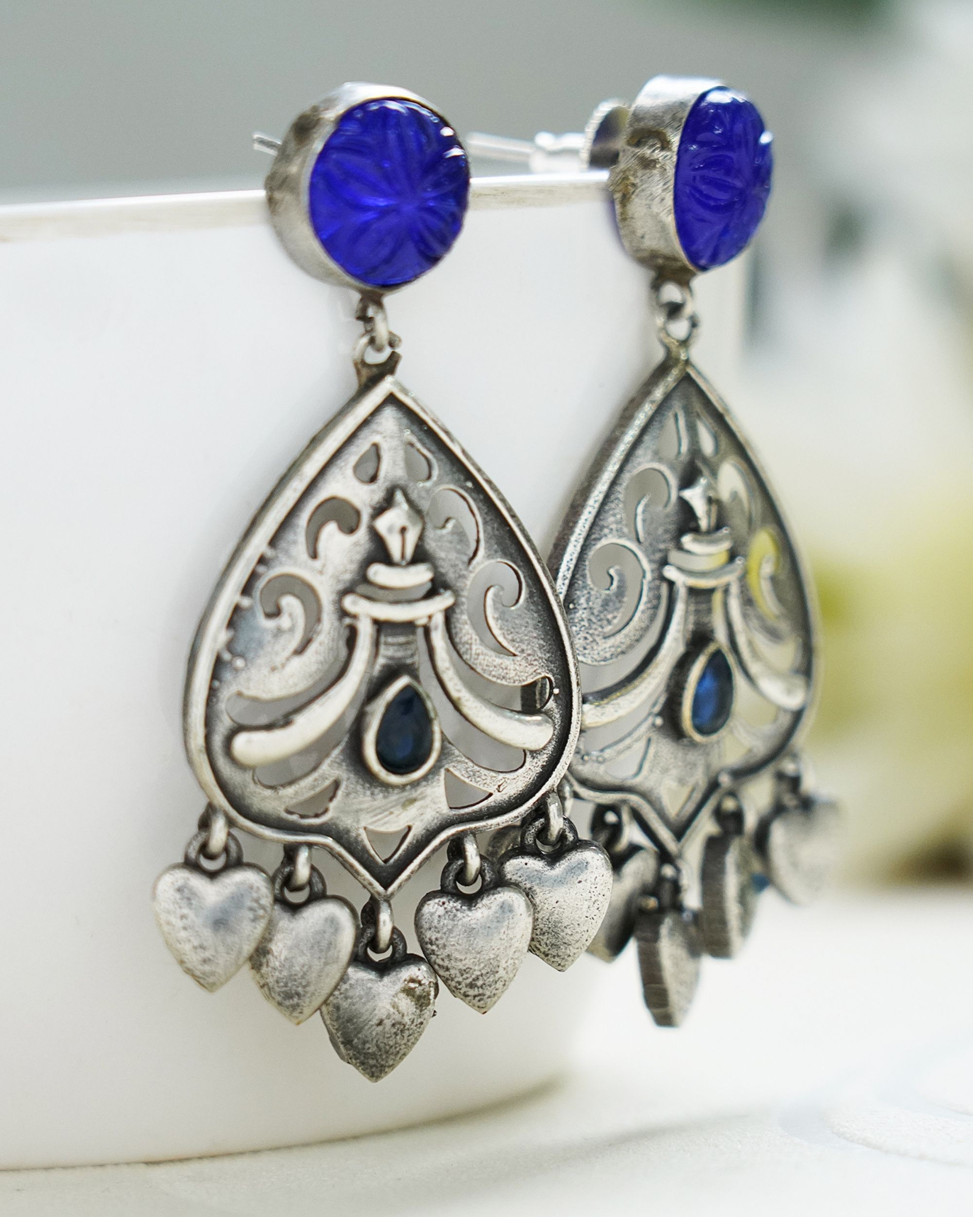Blue stone leaflet earrings