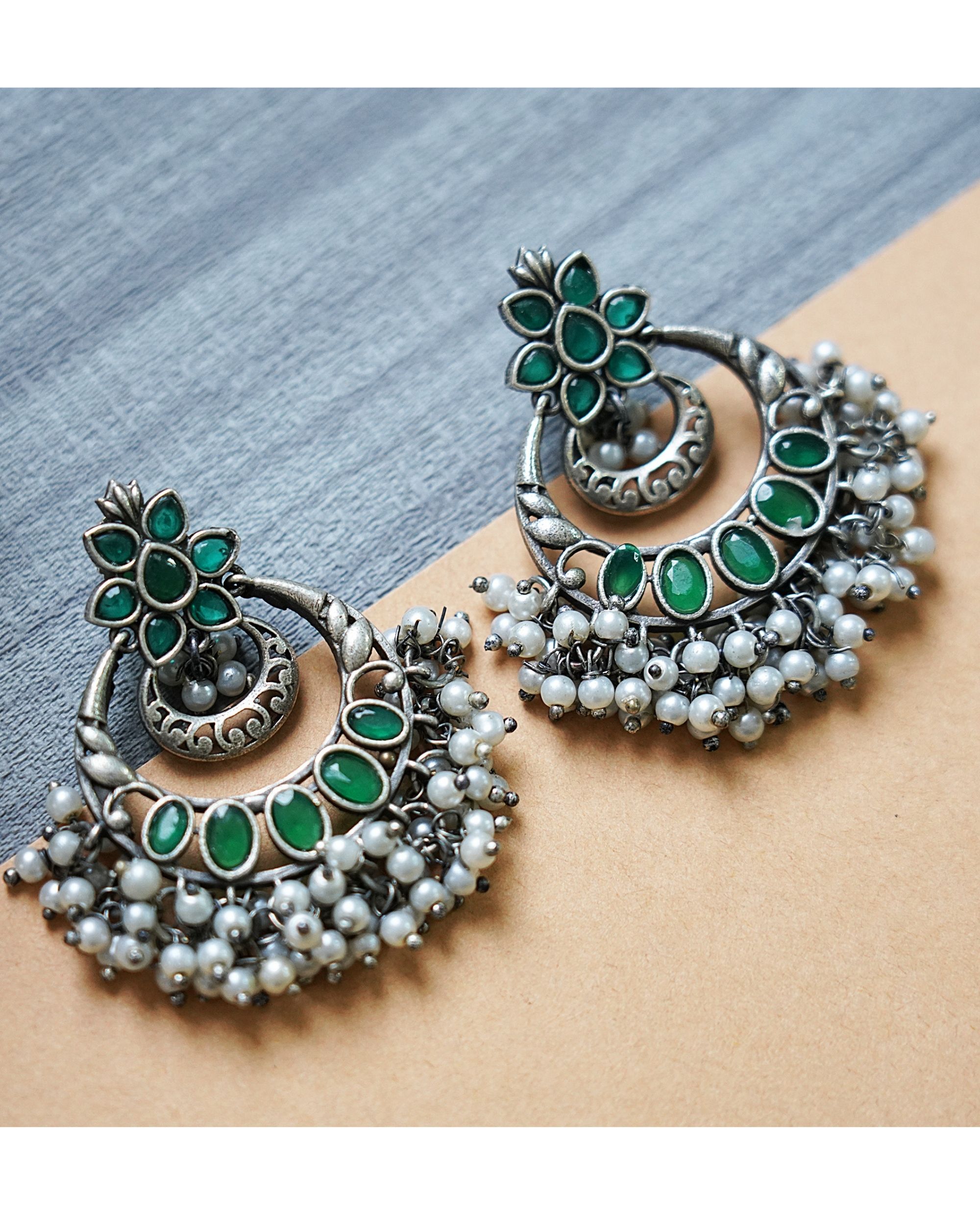 Green stone chandbali earrings