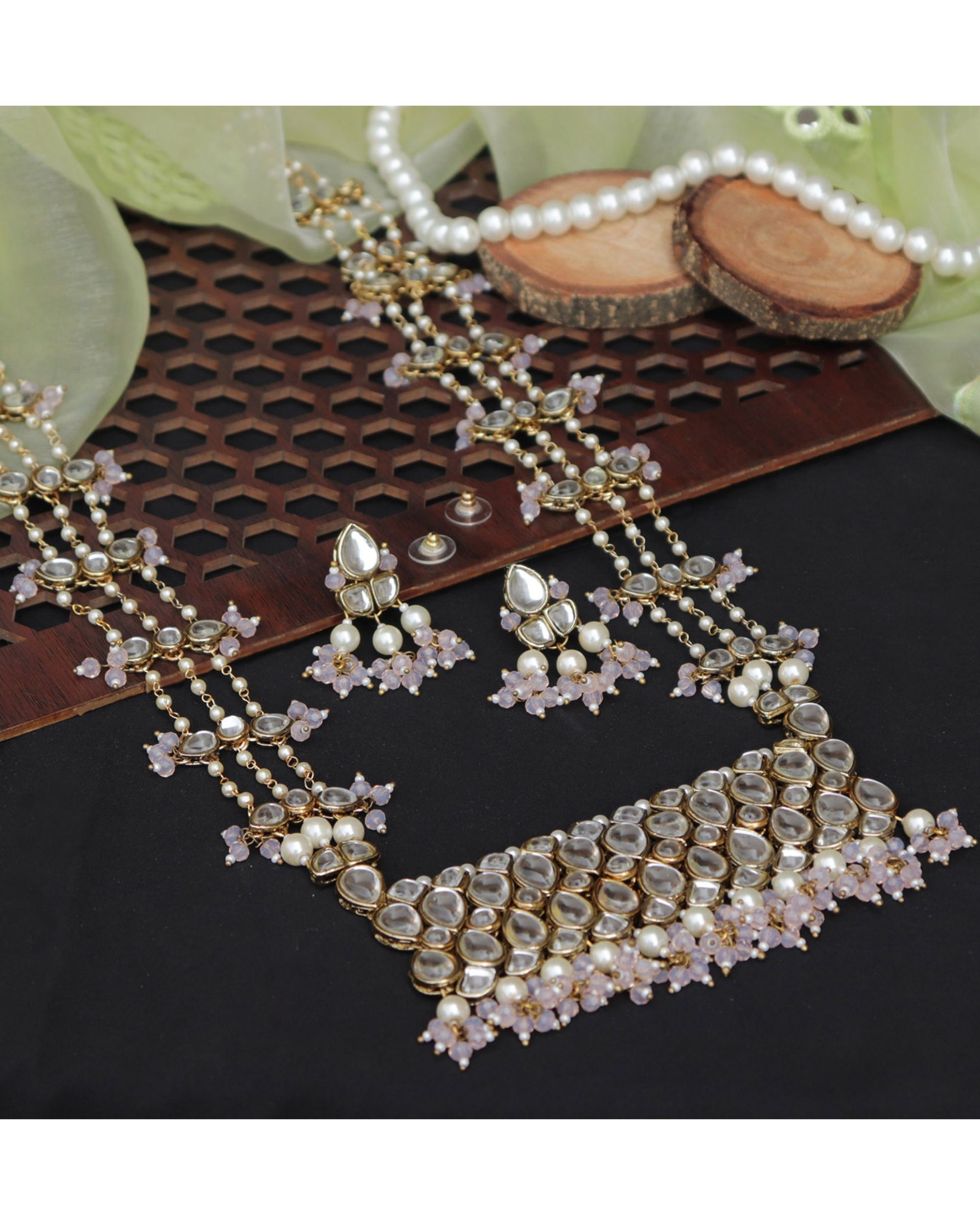 Baby pink kundan beaded pearl chain neckpiece with earrings - set of two