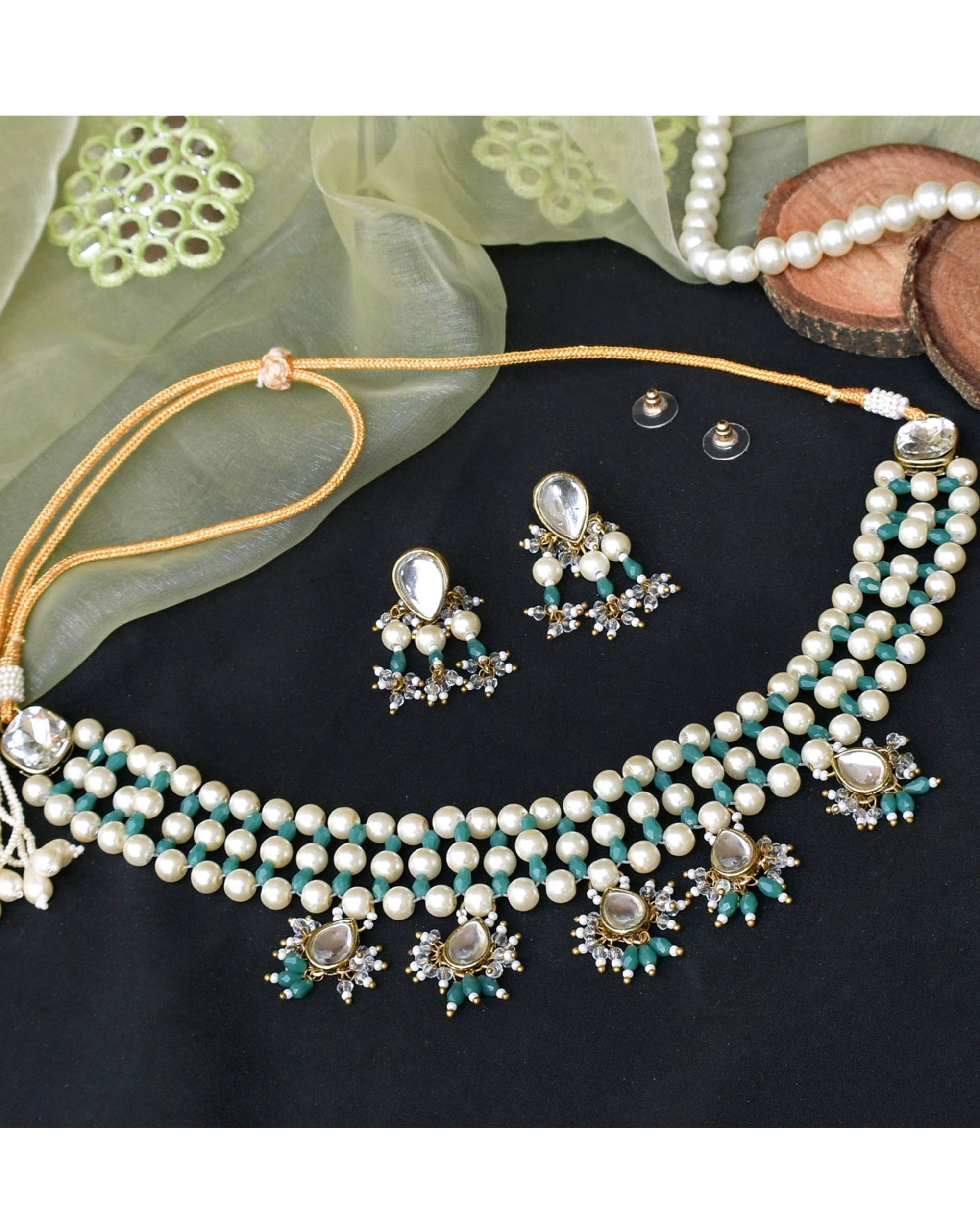 Teal green and white pearl beaded tiered neckpiece with earrings - set of two
