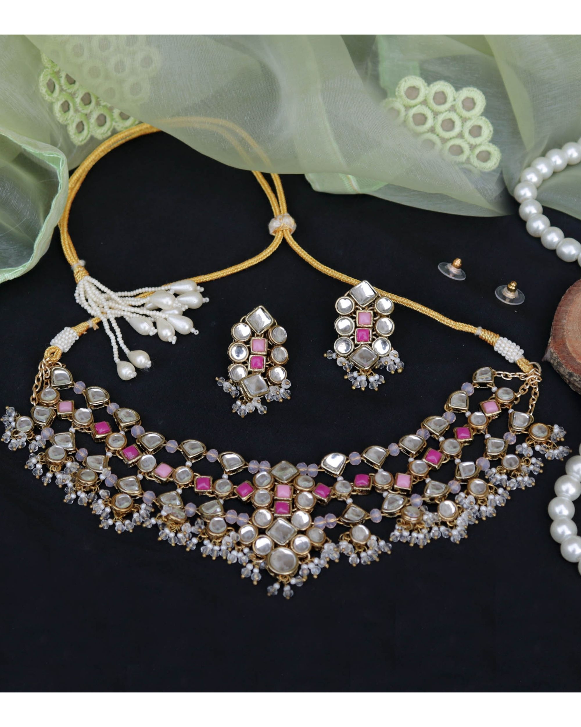 Dual pink pearl beaded tiered neckpiece with earrings - set of two