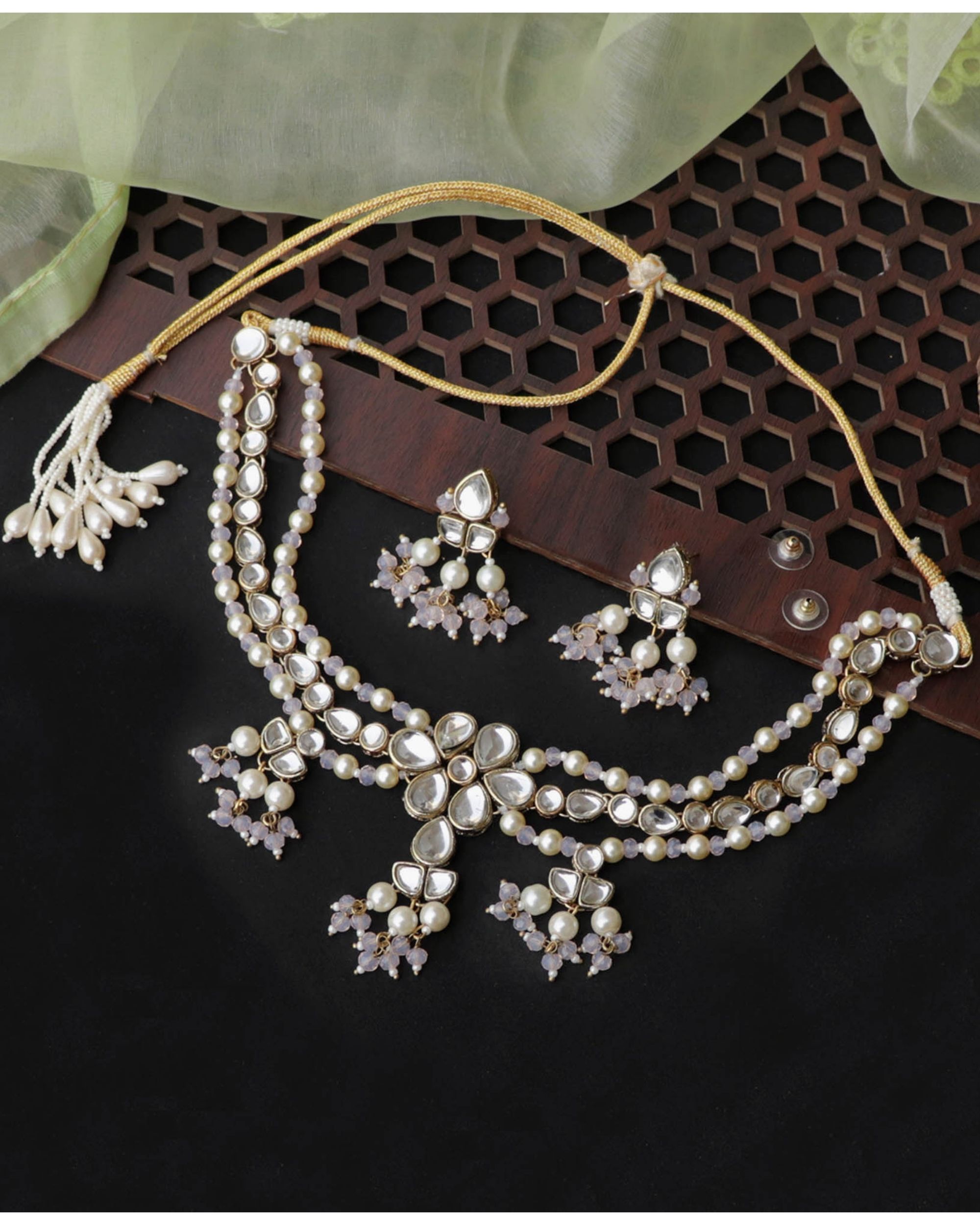 Floral kundan and pearl beaded tiered neckpiece - set of two