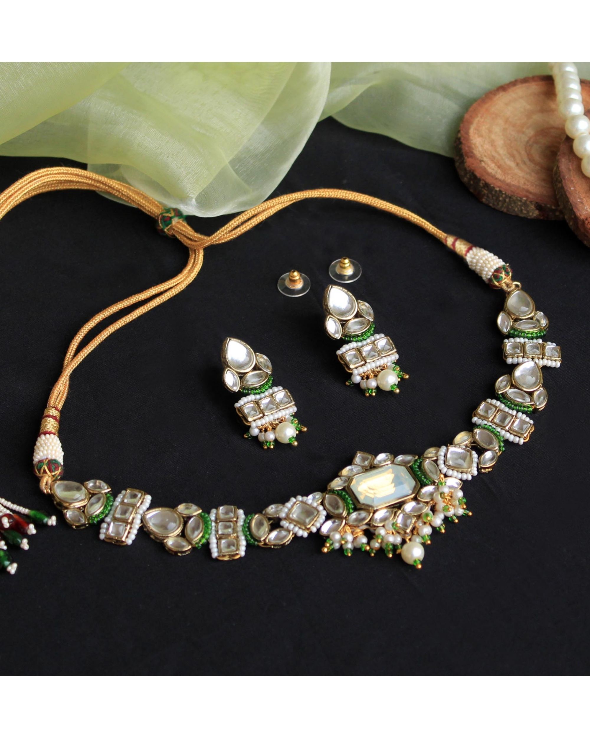 Green and white kundan and pearl beaded neckpiece with earrings - set of two