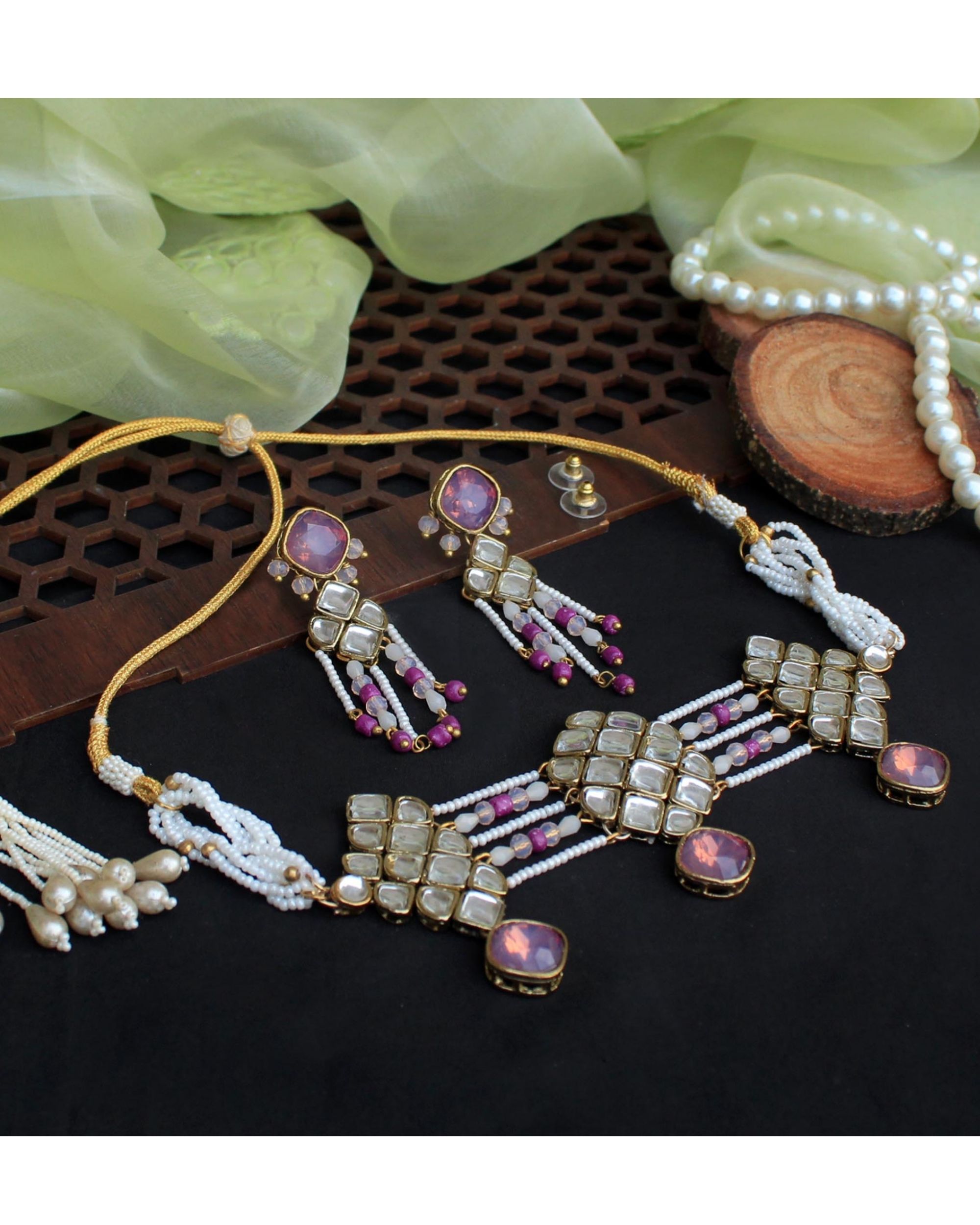 Purple honeycomb kundan drop choker with earrings - set of two