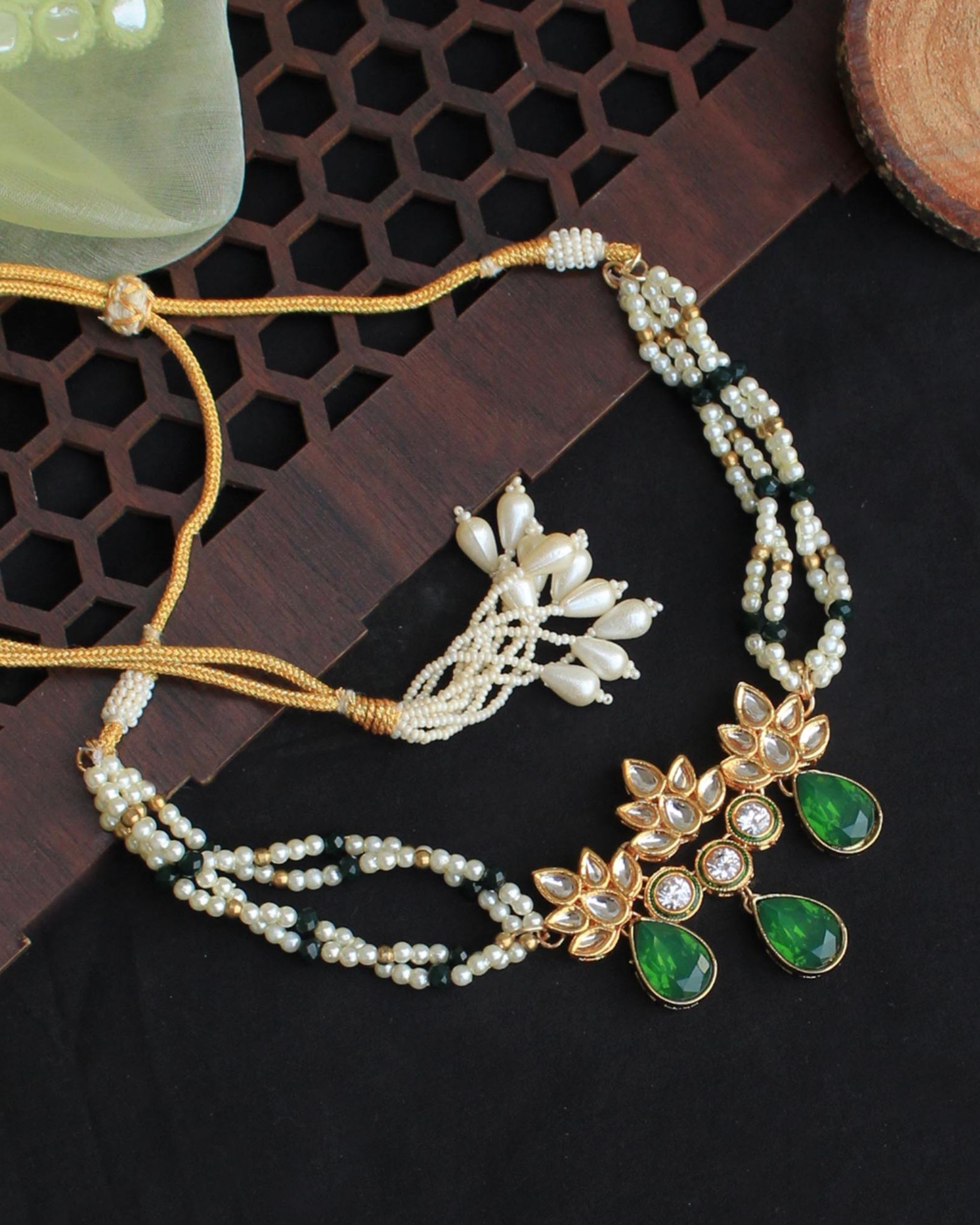 Pearl beaded multi string green drop neckpiece with earrings - set of two