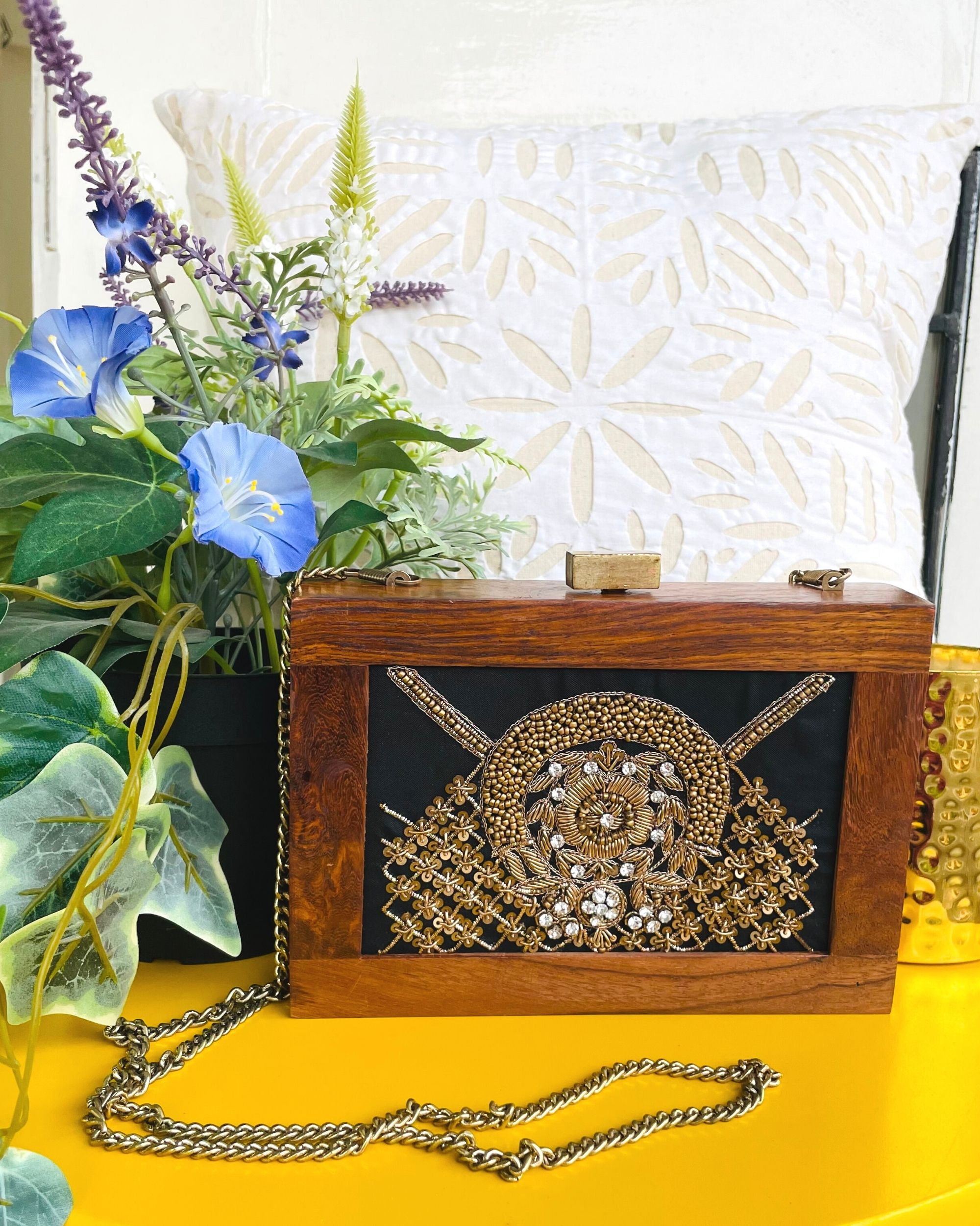Golden embroidered wooden clutch with chain strap