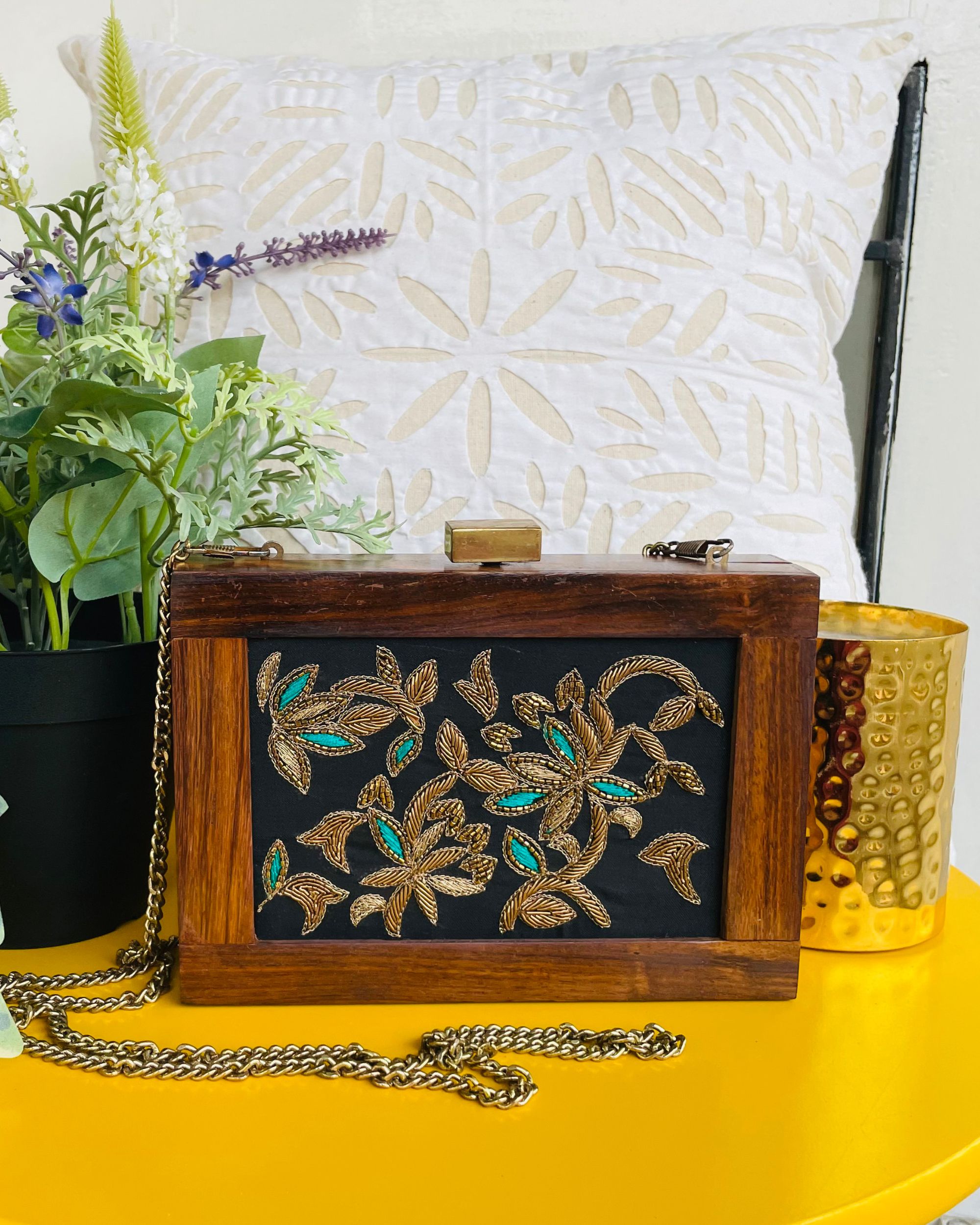 Golden and green embroidered wooden clutch with chain strap