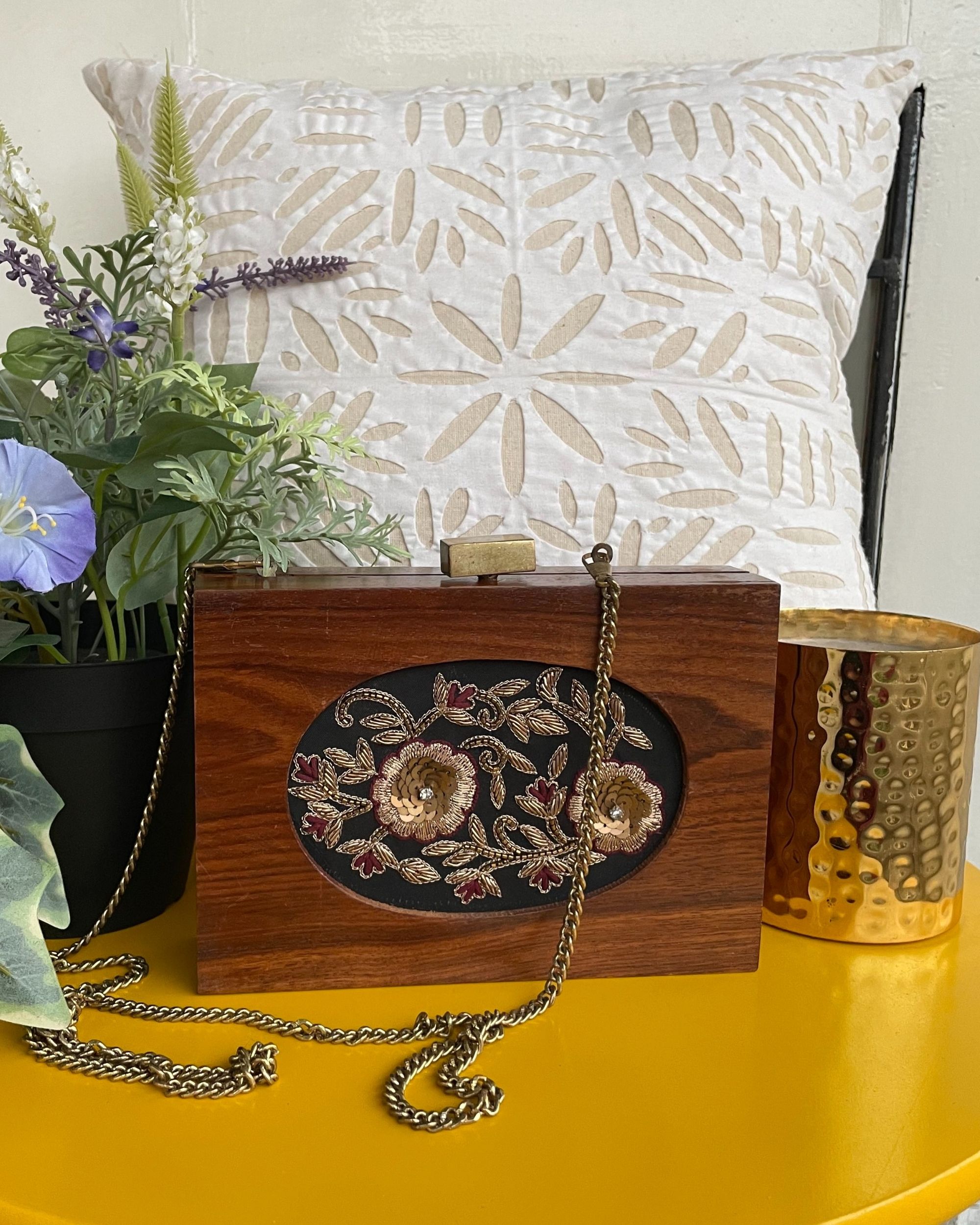 Golden sequins embroidered wooden clutch with chain strap