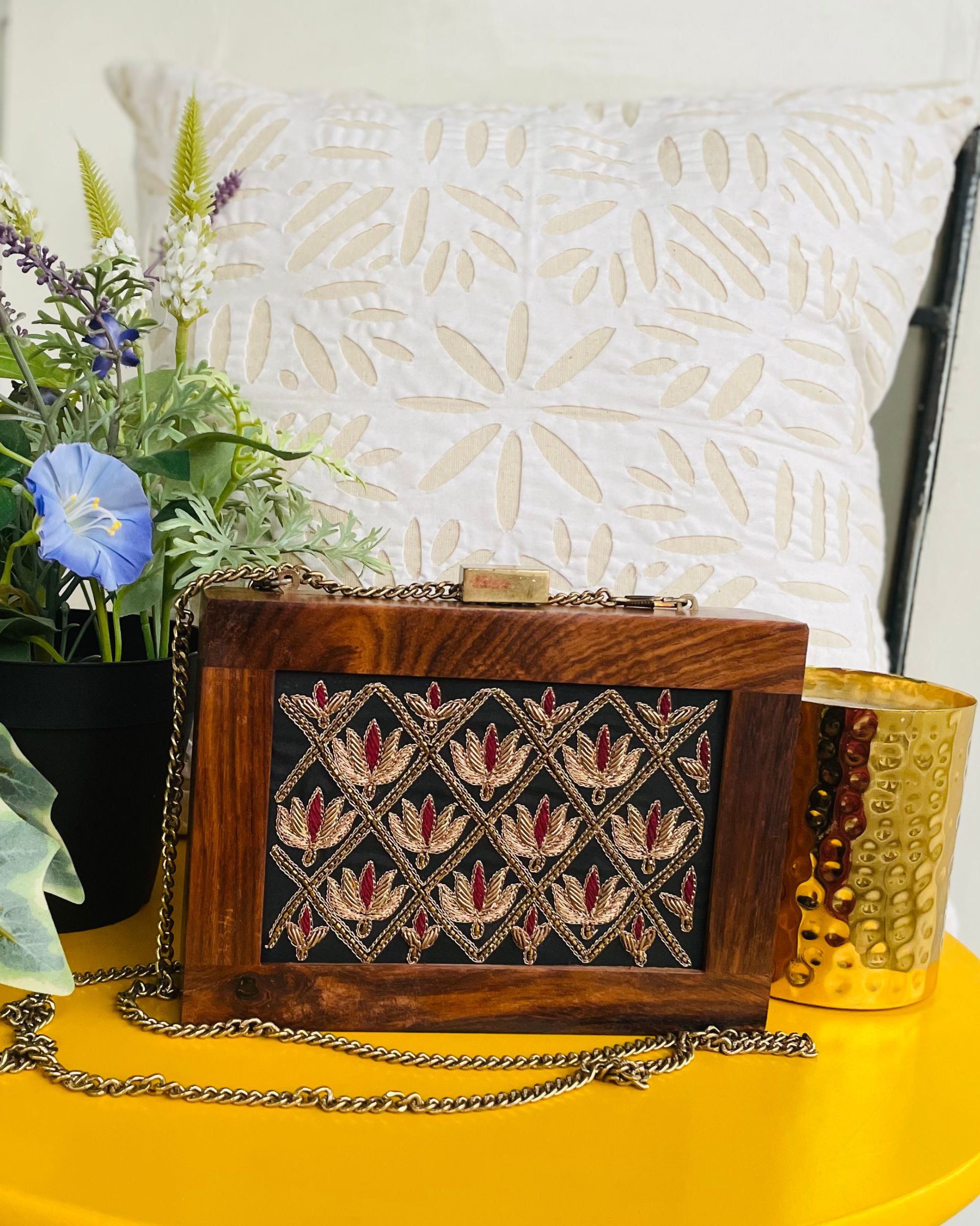 Golden and red zig-zag flower embroidered wooden clutch with chain strap