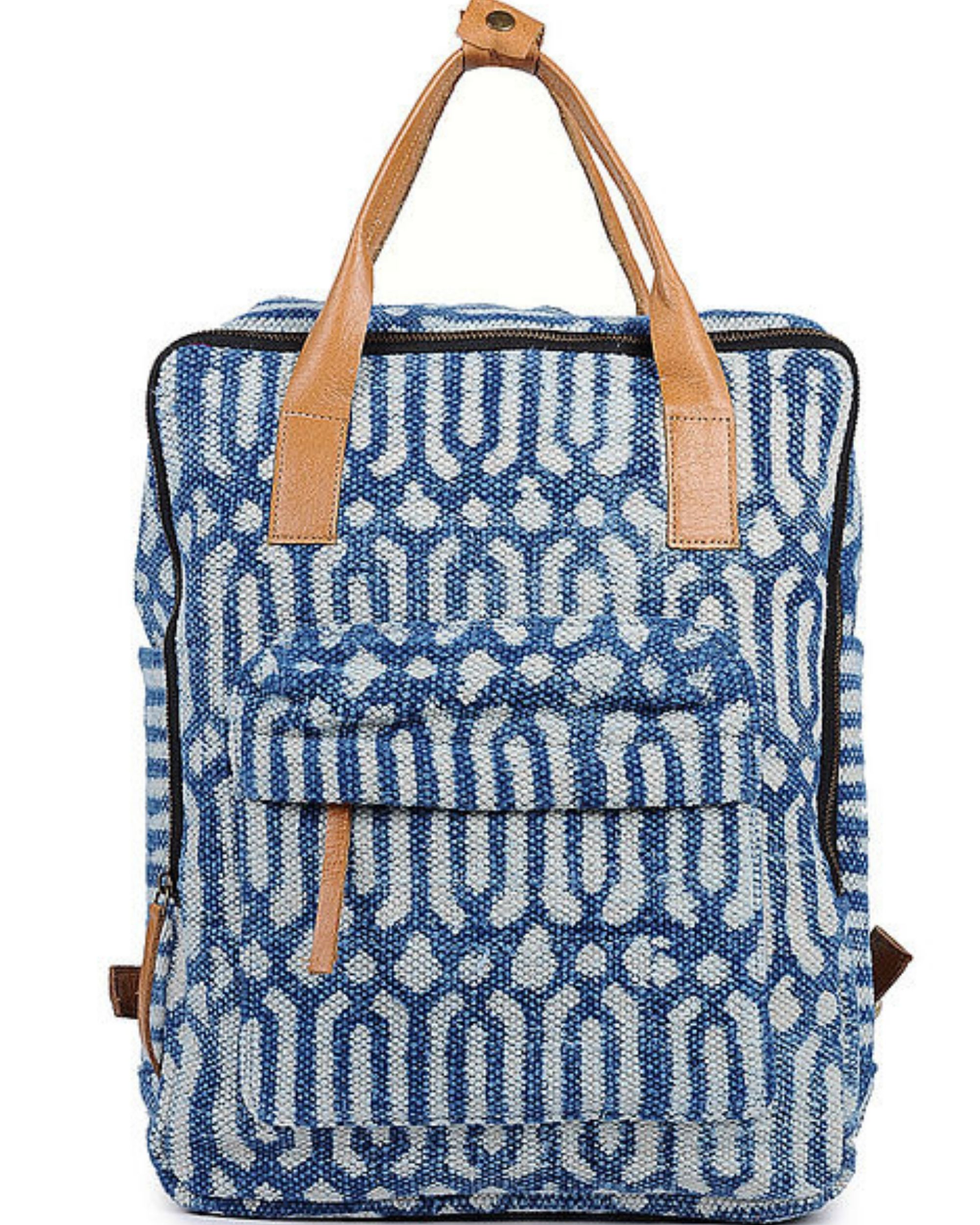 Indigo hand-printed cotton rug and leather backpack