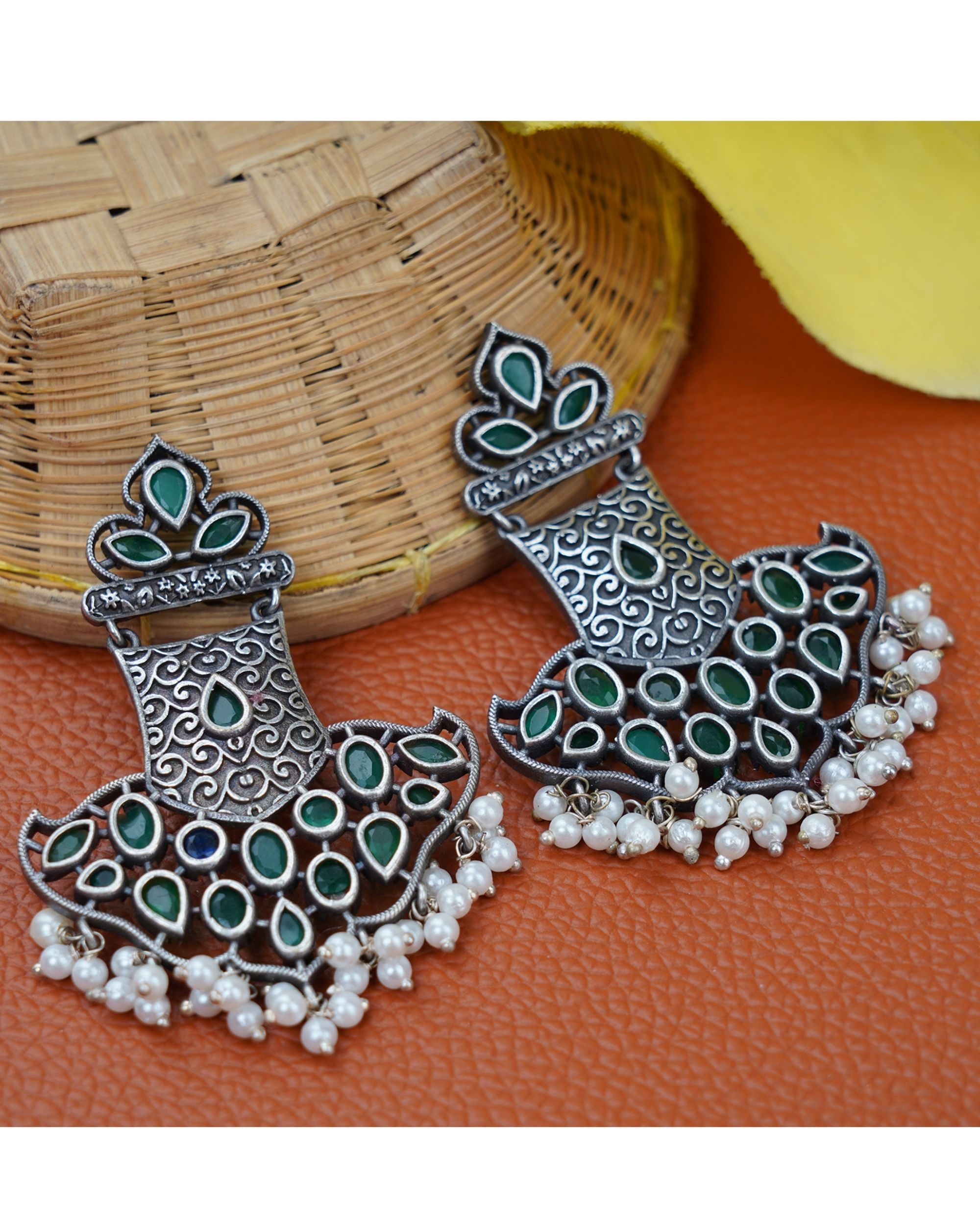 Green stone drop jaal earrings