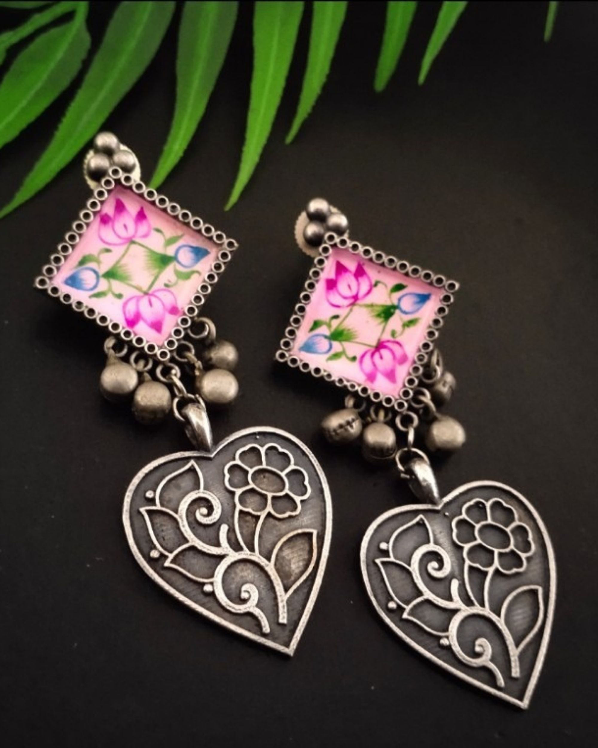 Pink and silver handpainted paan earrings