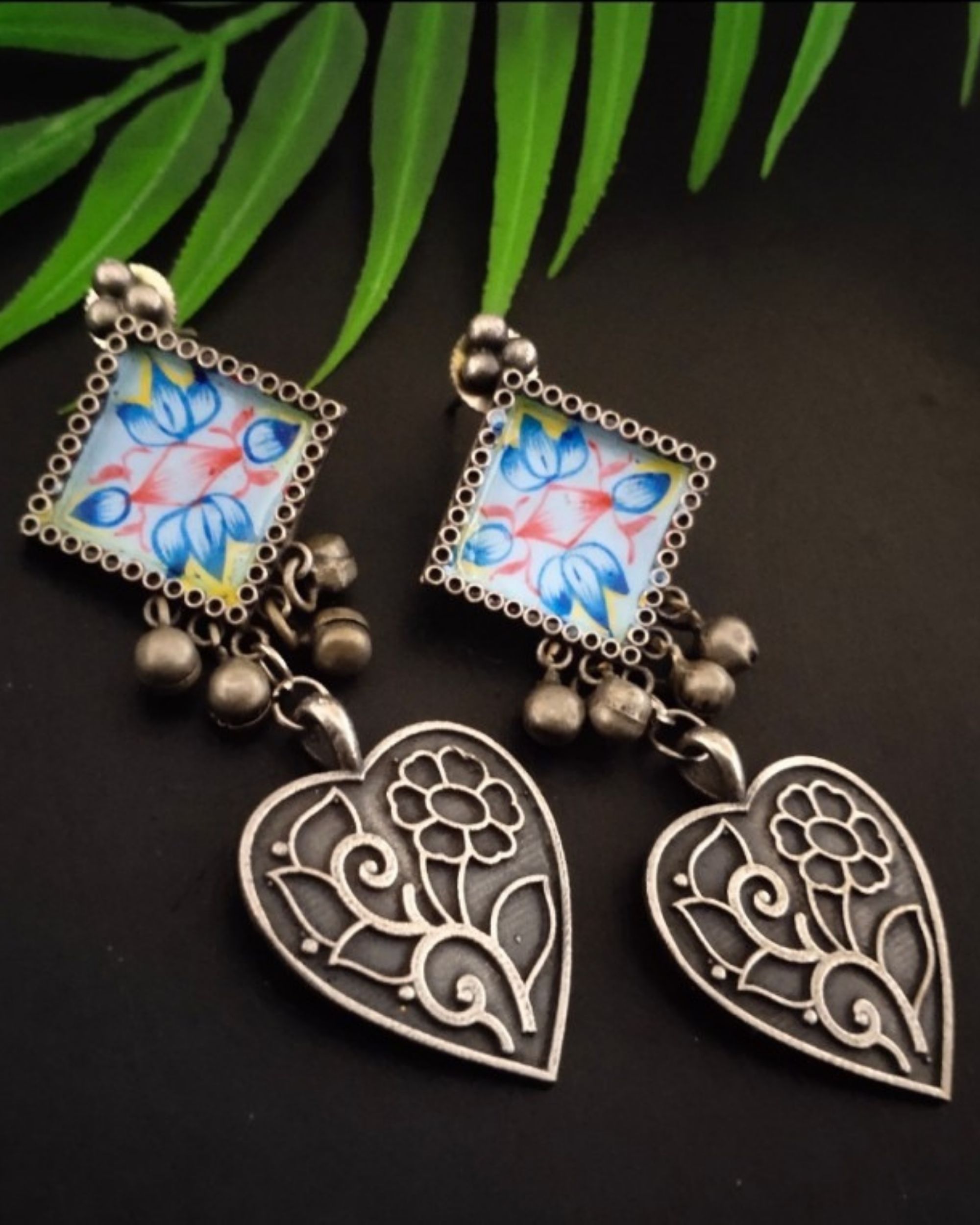 Blue and silver handpainted paan earrings