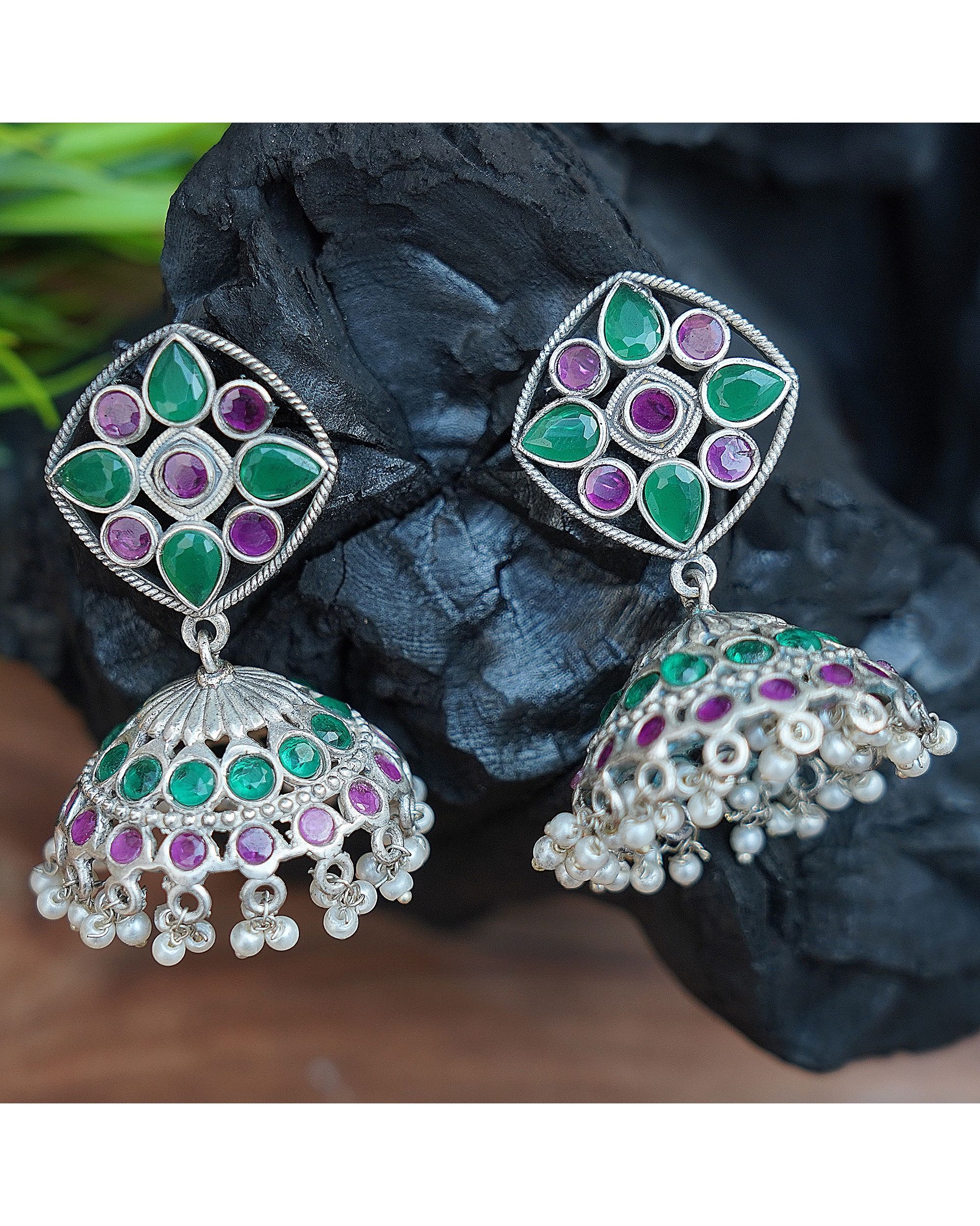 Green and purple stone embellished earrings