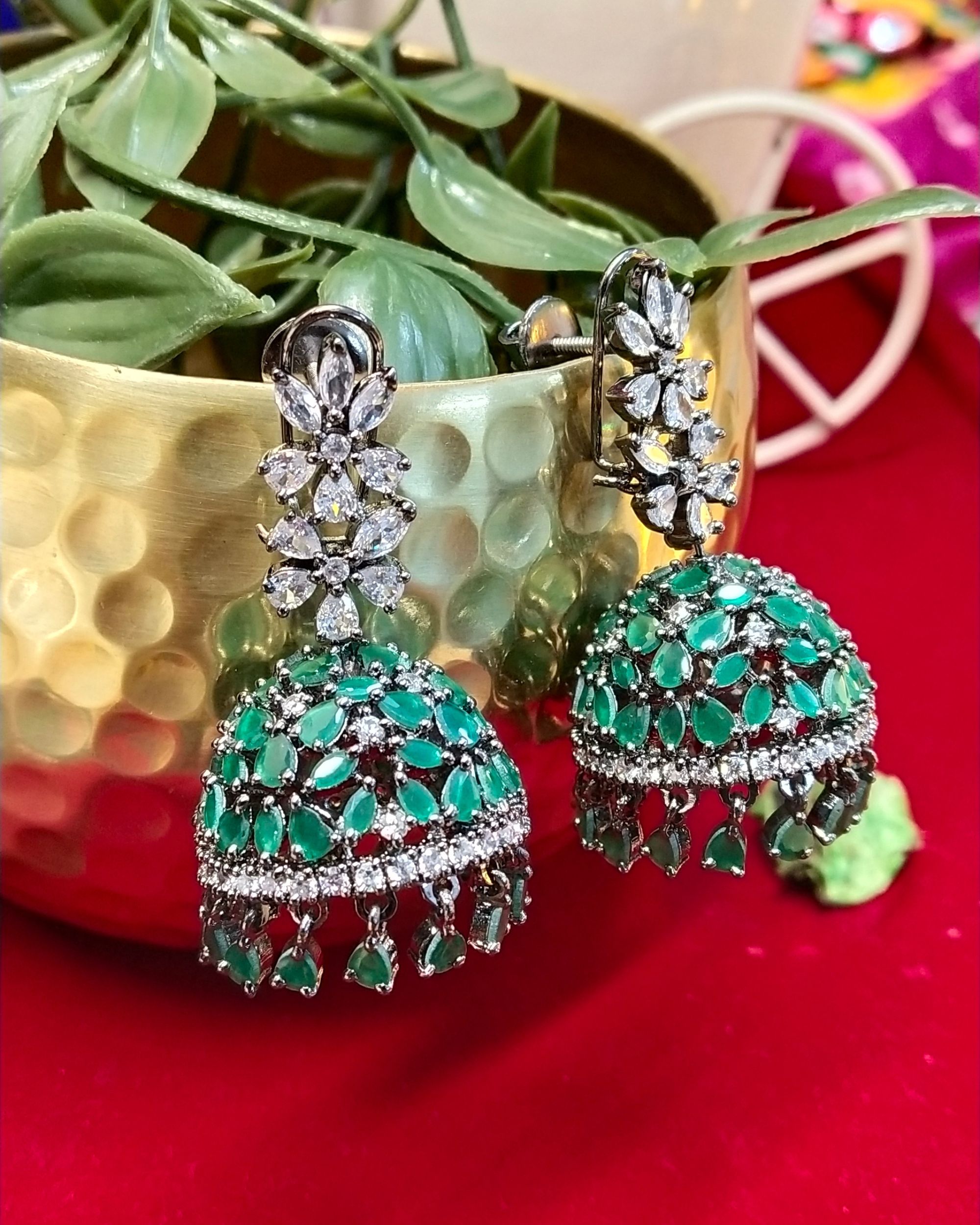 Green and white floral oxidized jhumkas