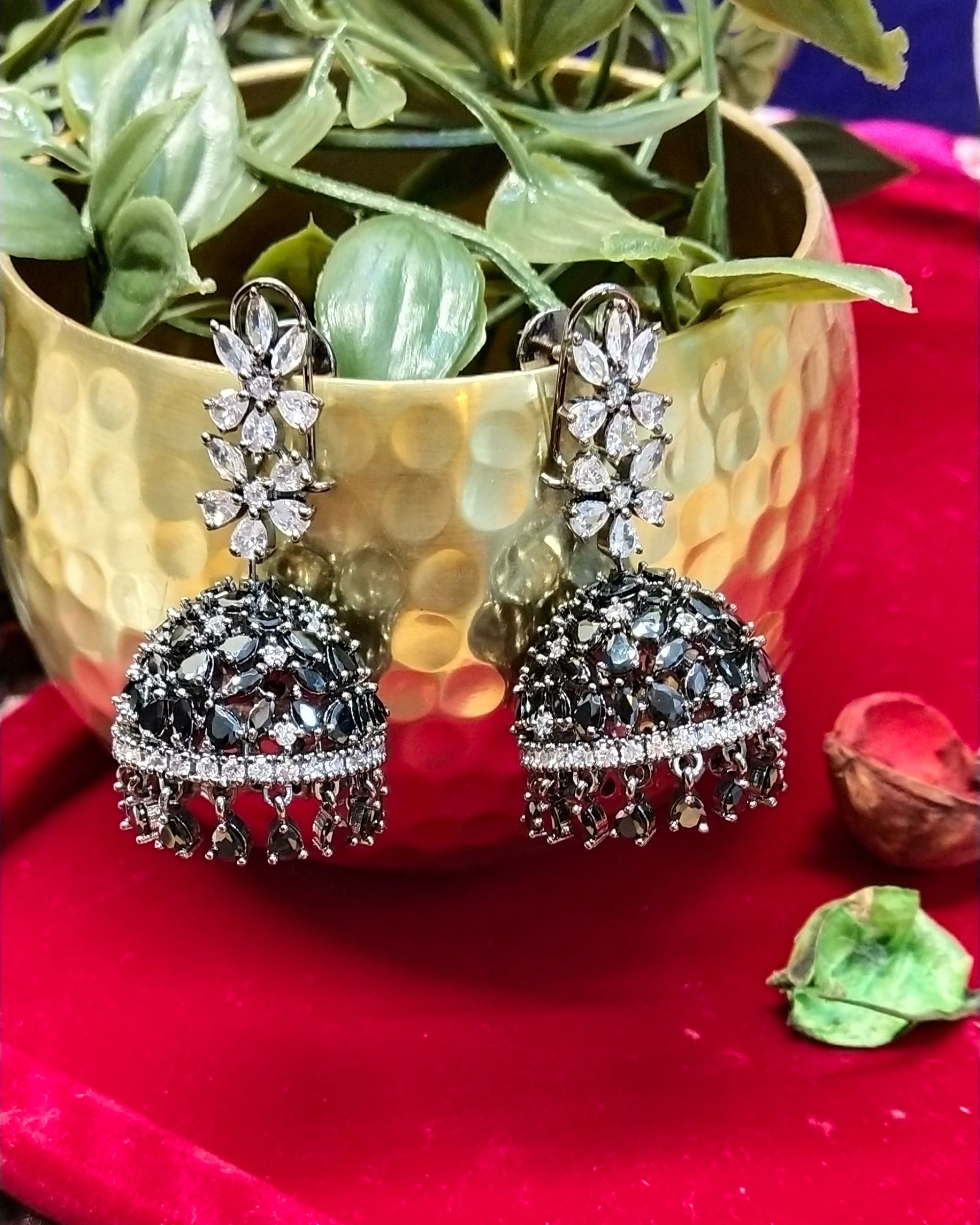 Grey and white floral oxidized jhumkas