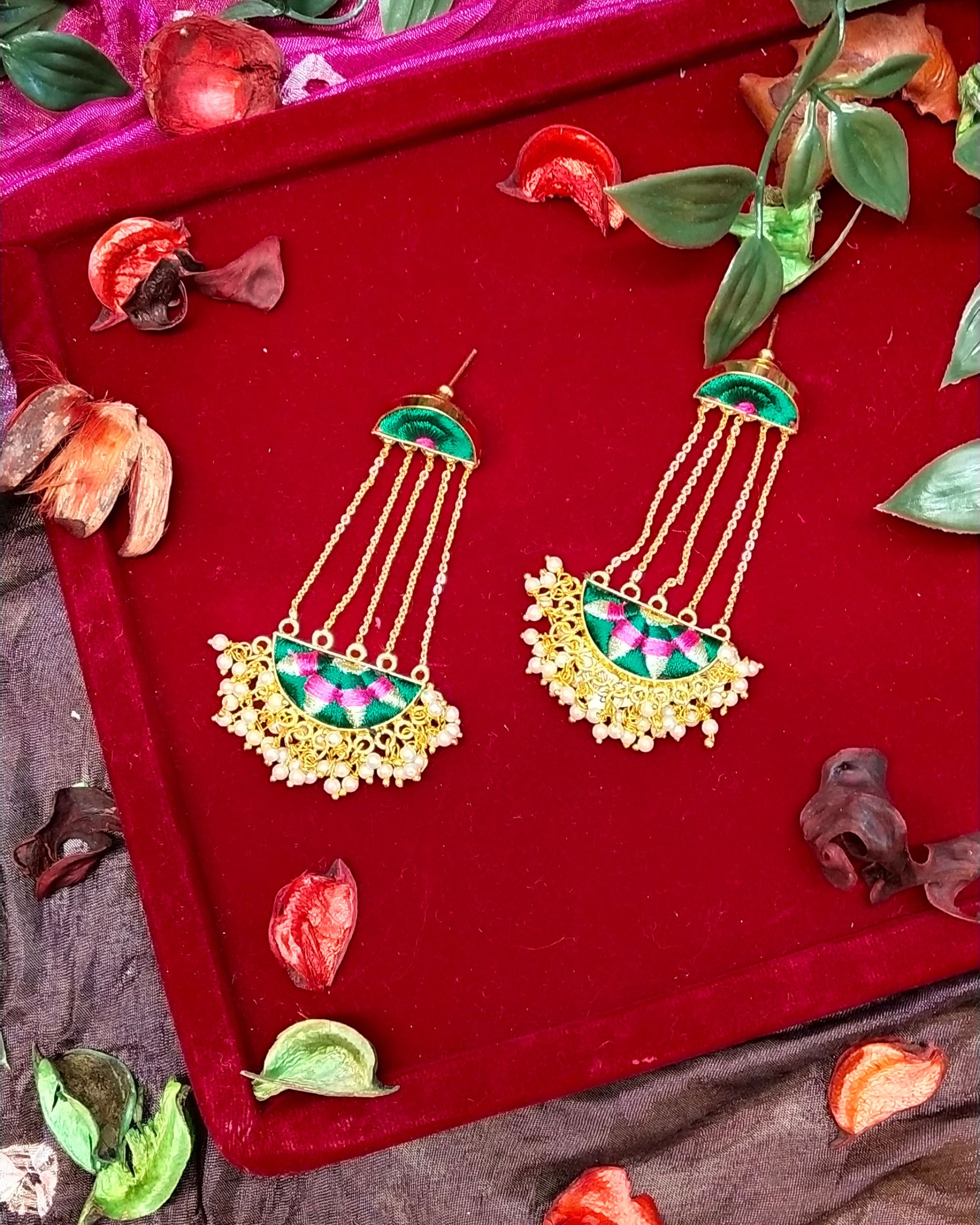 Green and pink zari embroidered beaded earrings