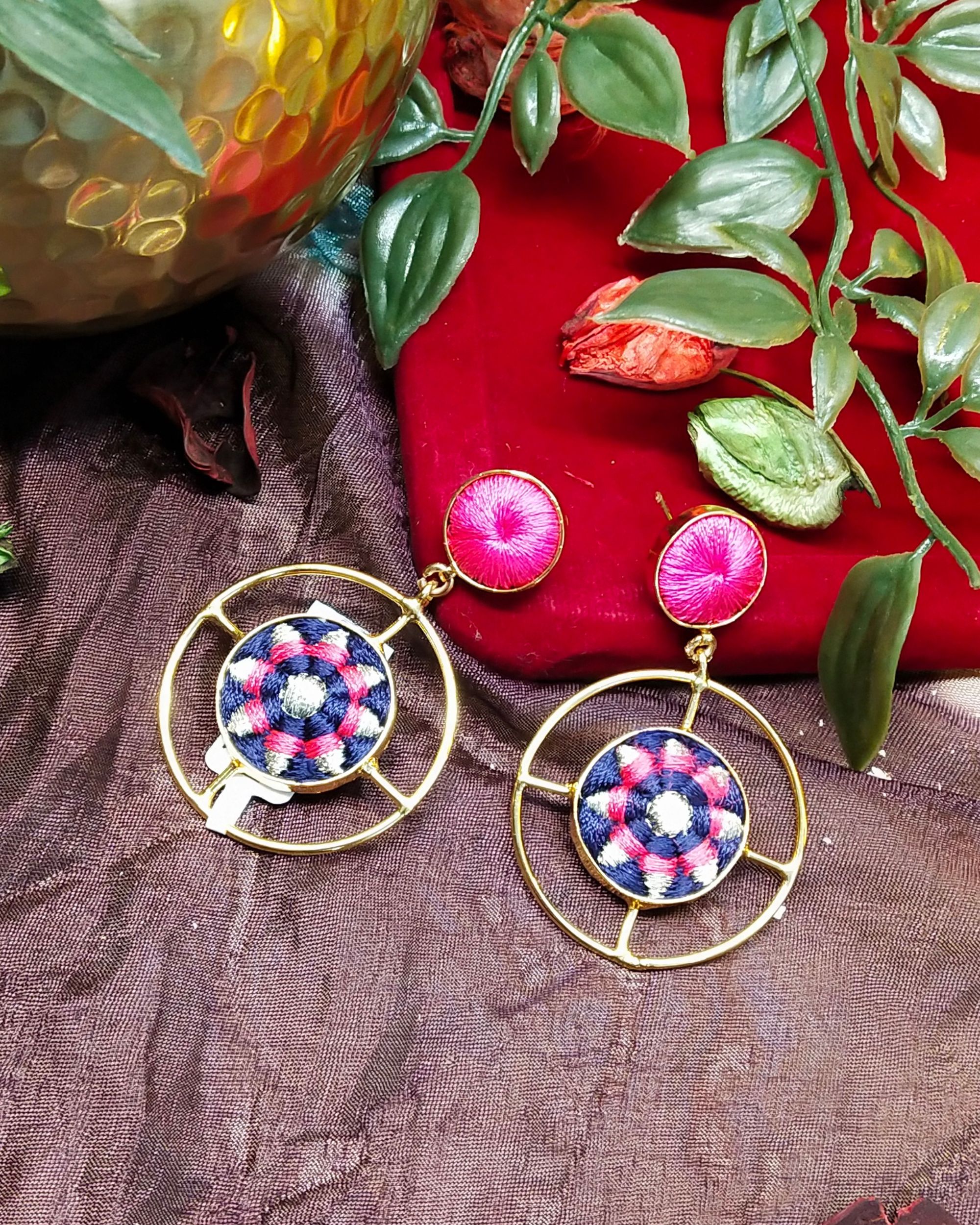 Blue and pink zari embroidered wheel earrings