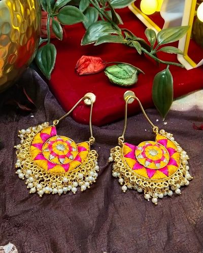 Yellow and pink circular zari embroidered beaded earrings by